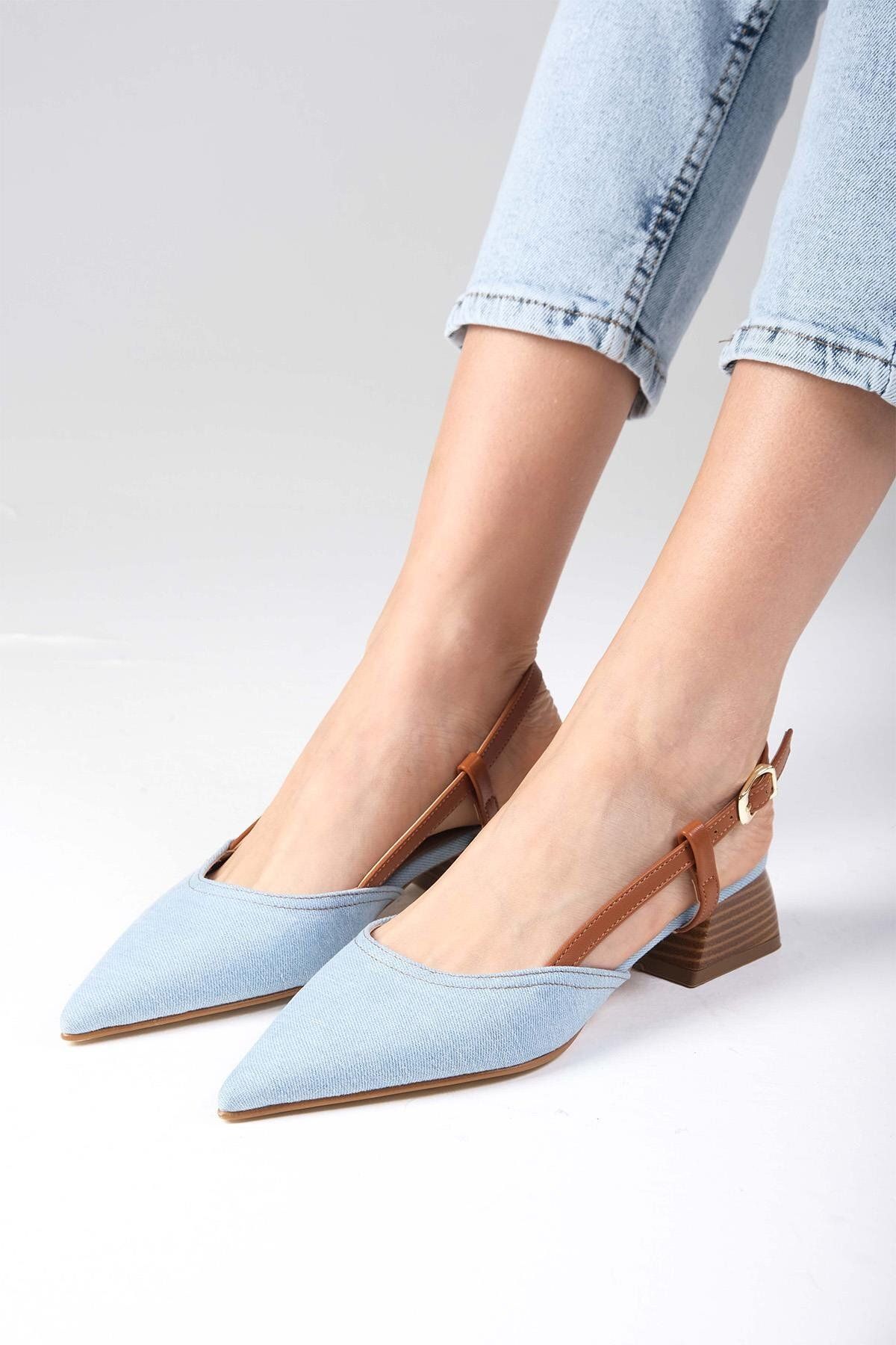 Mio Gusto Carly Mavi Renk Denim Kumaş Arkası Açık Kadın Kısa Topuklu Kot Ayakkabı