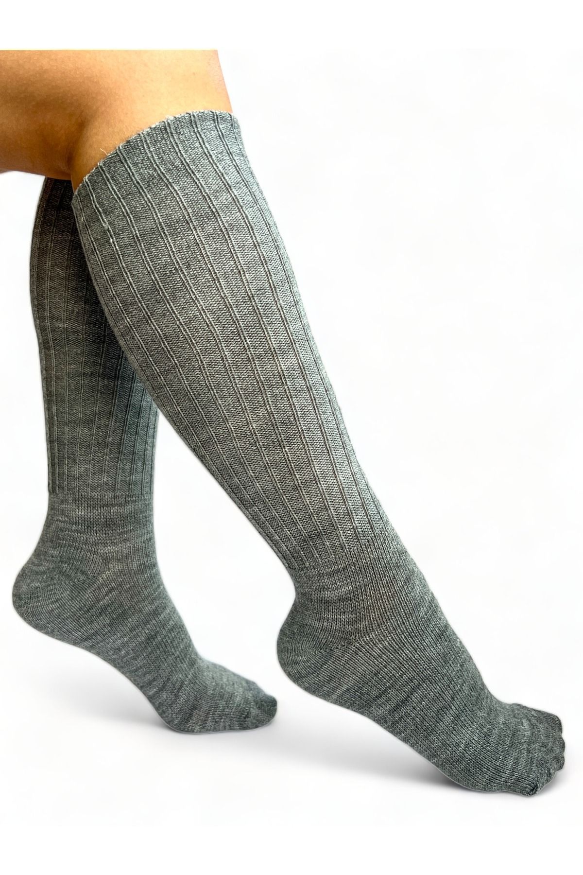CİHO Ciho Socks Gri Uzun Diz Altı Kışlık Kadın Yünlü Çizme Uyku Çorabı Soft Touch