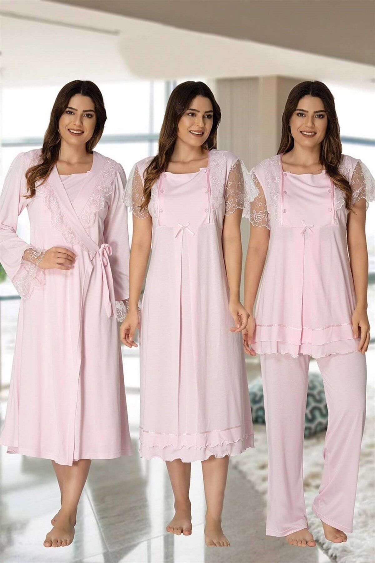 Lohussa Kadın Pembe Dantelli Pamuklu Hamile Lohusa Sabahlık Pijama Takımı Gecelik 4'lü Set