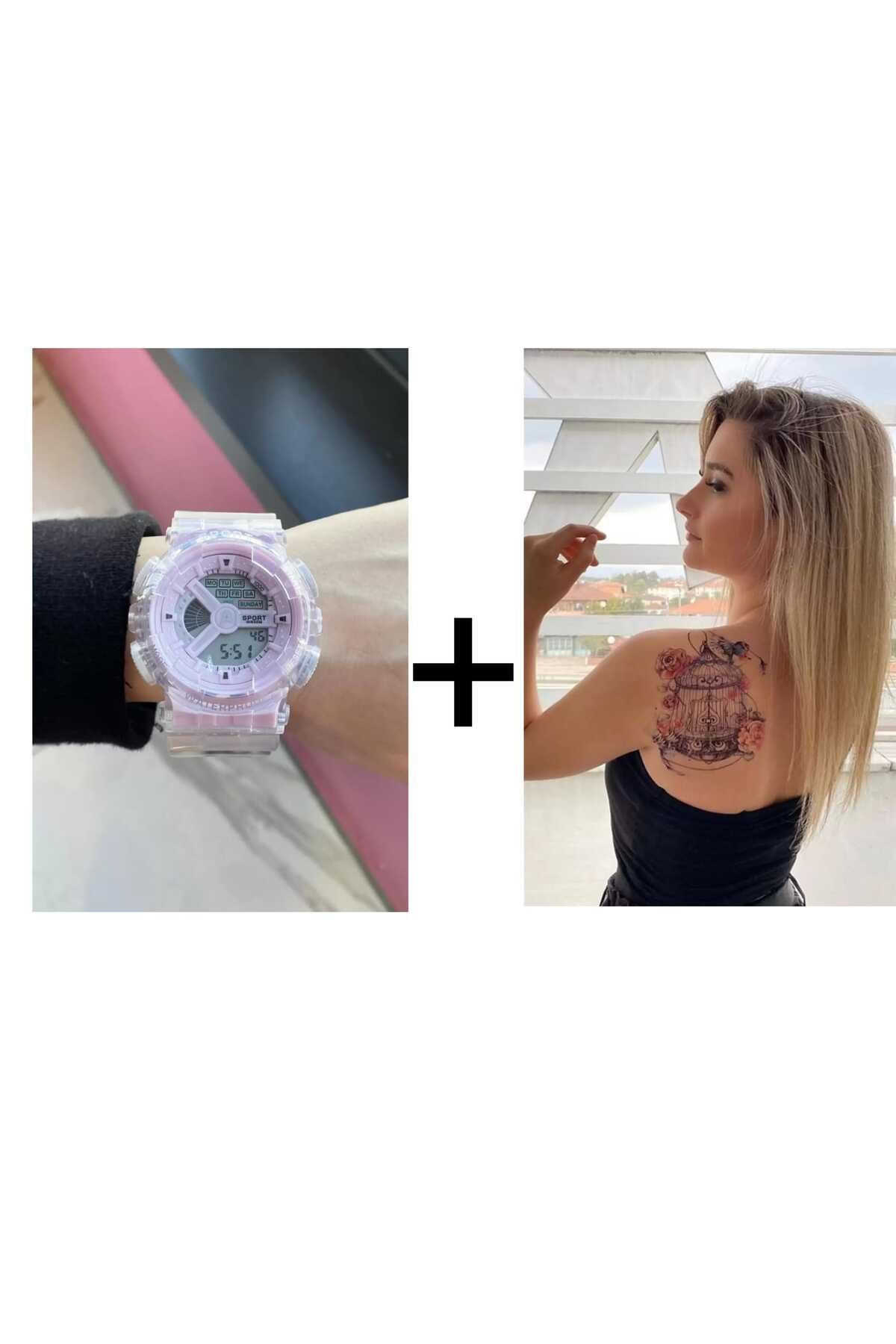 selamshop Silikon Kordonlu Kadın Saat+Geçici Kafes Kuş ve Gül Dövme Tattoo+( Hediyemiz) Altın Renk Halhal