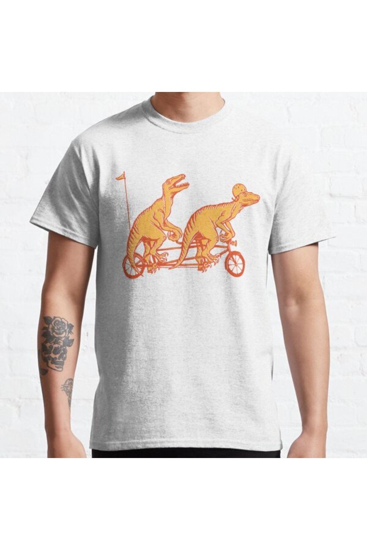 ZOKAWEAR Bol Kalıp Unisex Cycling Raptors On Tandem Bicycle Tasarım Baskılı Tshirt