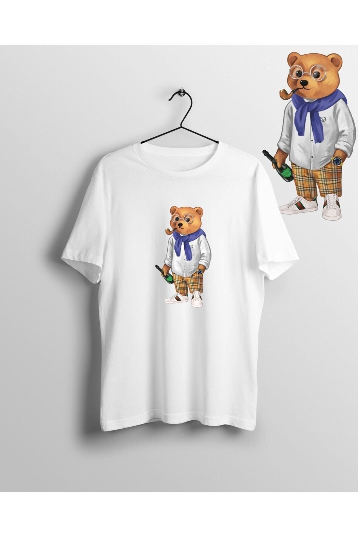 ZOKAWEAR Unisex Bol Kalıp Elite Baron Cool Teddy Bear Ayı Bisiklet Yaka Baskılı T-shirt
