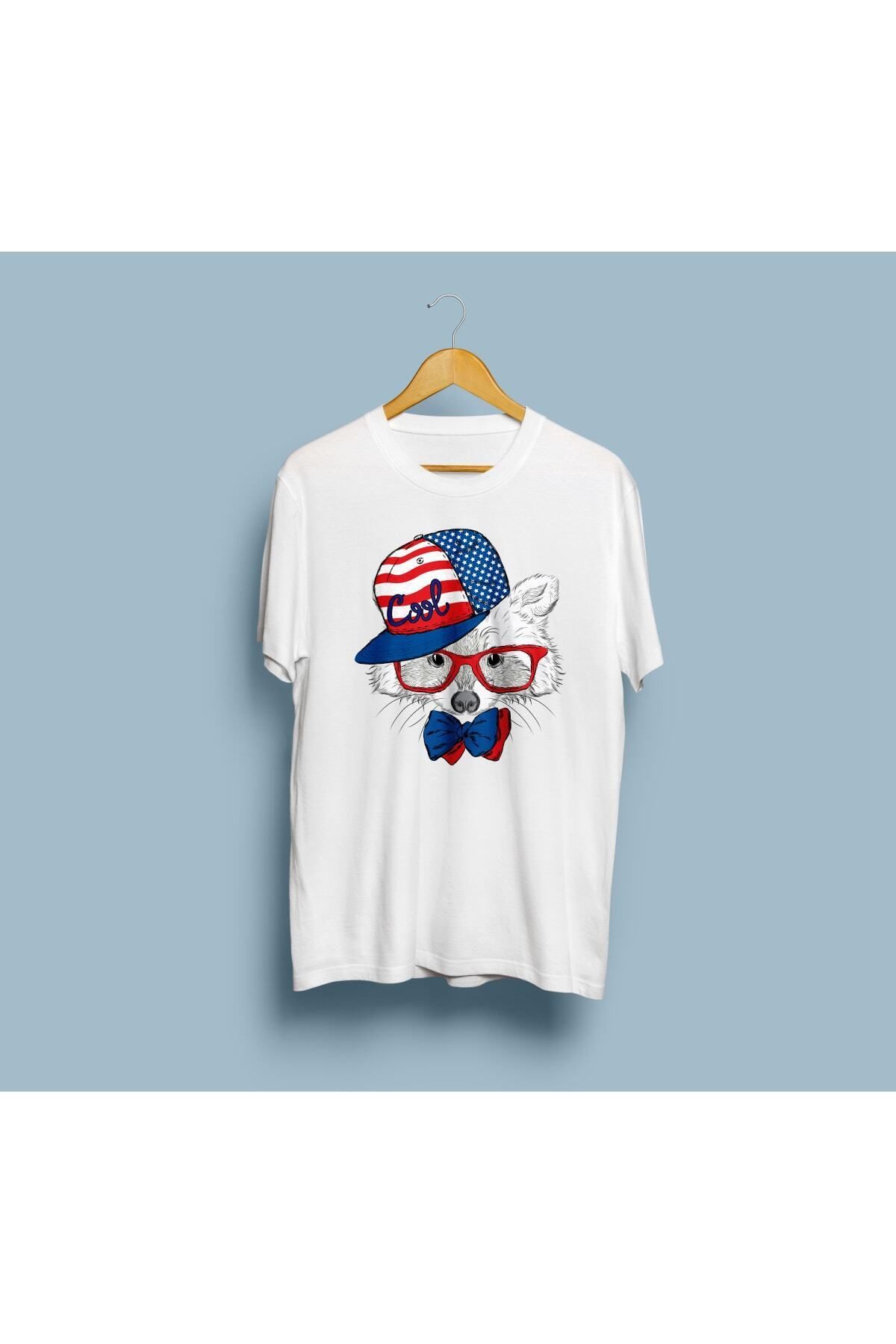 ZOKAWEAR Bol Kalıp Beyaz Cool Tilki Amerikan Bayraklı Tasarım T-shirt