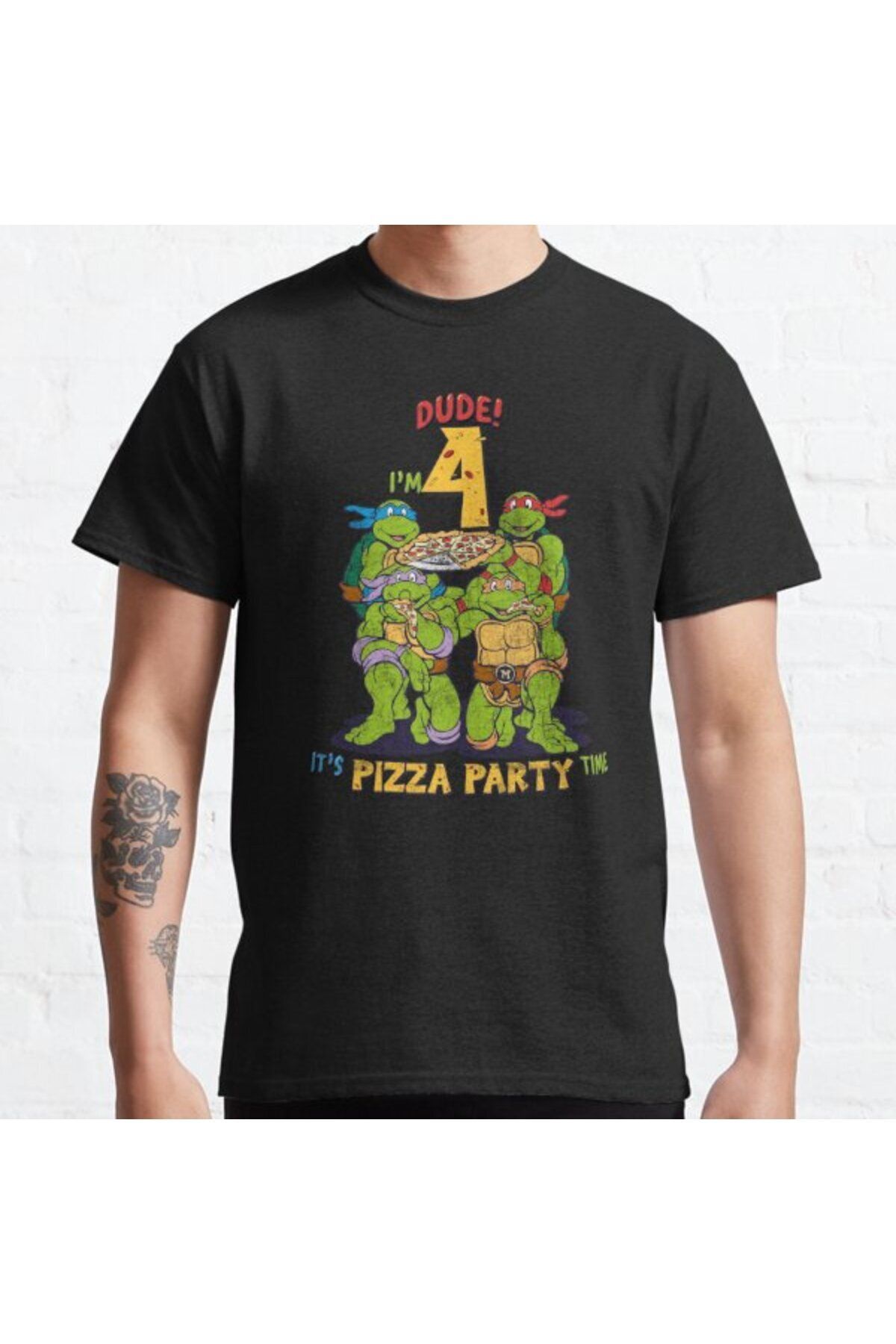 ZOKAWEAR Bol Kalıp Unisex Teenage Mutant Ninja Turtles I'm 4 Dude Pizza Birthday Party Tasarım Baskılı Tshirt