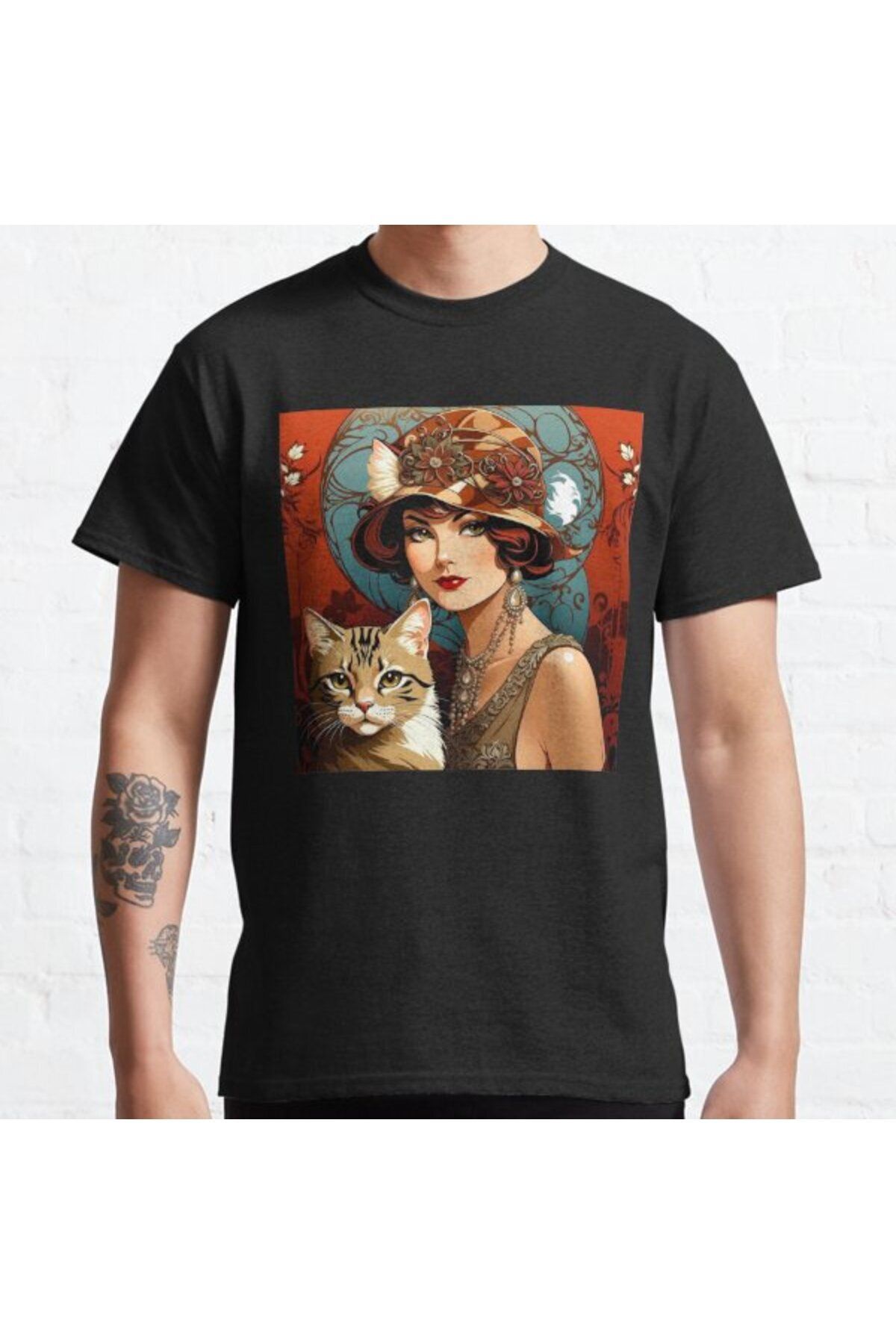 ZOKAWEAR Bol Kalıp Unisex Vintage 1920s Art Nouveau Beautiful Woman And Cat Tasarım Baskılı Tshirt