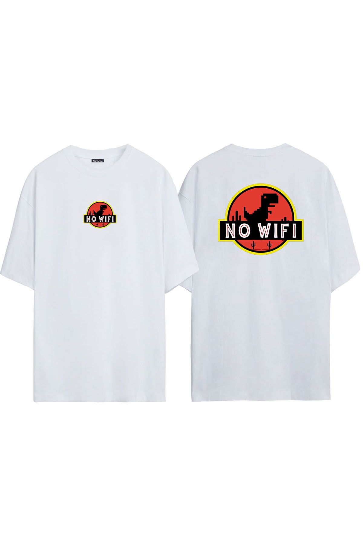THEWERT Unisex No Wifi Dinazor Oyunu Ön Arka Baskılı Beyaz Oversize T-shirt