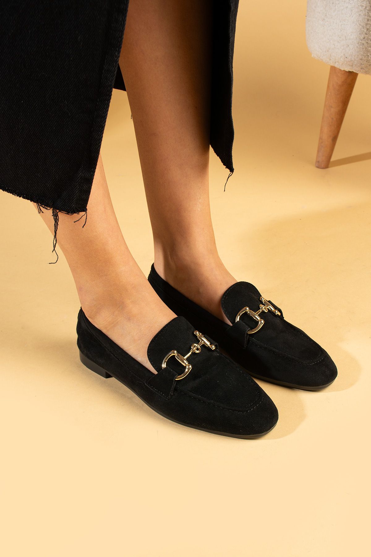 Pembe Potin Kadın Babet Siyah Nubuk Tokalı Hafif Rahat Taban Şık Günlük Ayakkabı