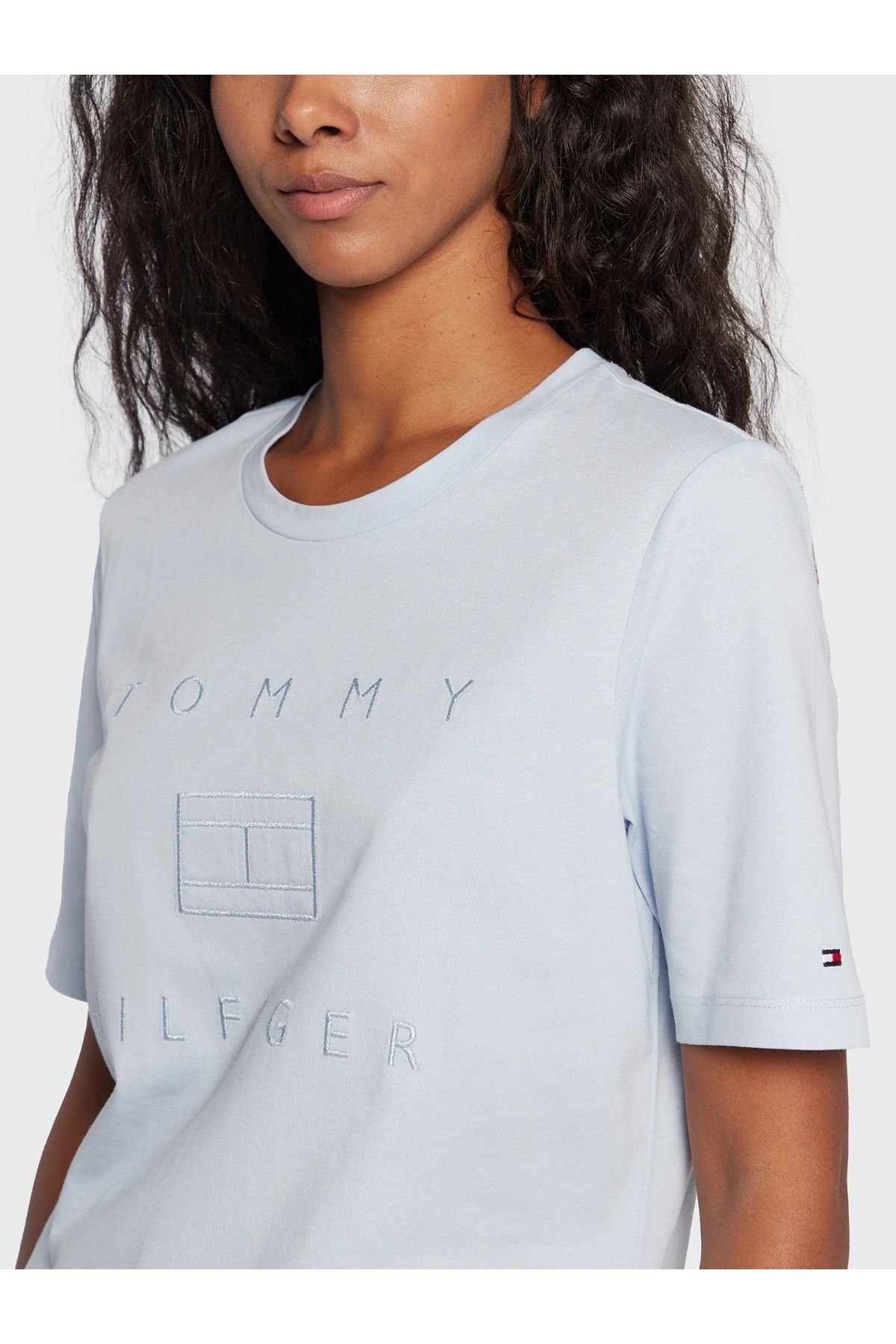 Tommy Hilfiger T-Shirt Metallic WW0WW33522 Blue Regular Fit kadın t-shirt