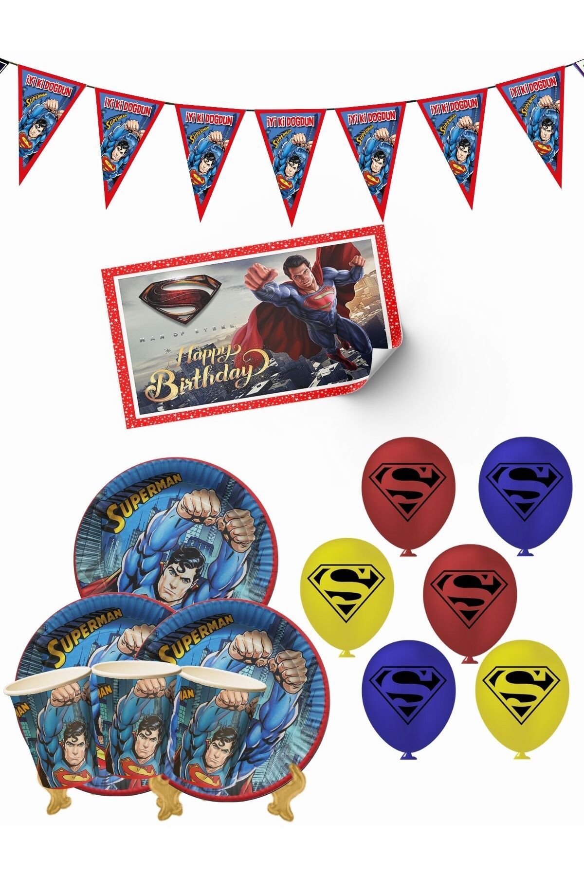 Superman Çelik Adam Bayraklı Ve Afişli 32 Kişilik Doğum Günü Parti Malzemeleri Süsleri Seti Mxst