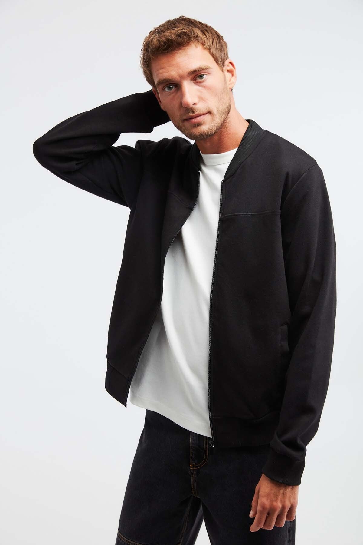 GRIMELANGE Norm Erkek Fermuarlı Triko Yakalı Slim Fit Günlük Siyah Ceket