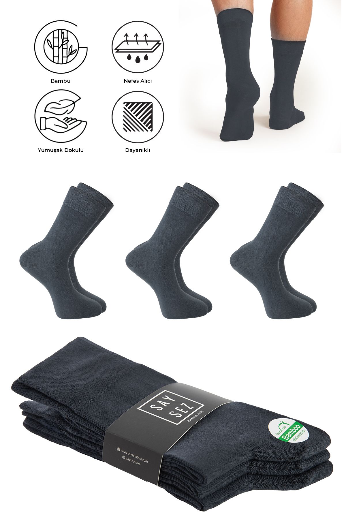 SAYSEZ Bambu Erkek Soket Uzun Düz Füme Renk Çorap Dikişsiz Premium Paket 3'lü / Yıkamalı Kokulu Soft Çorap