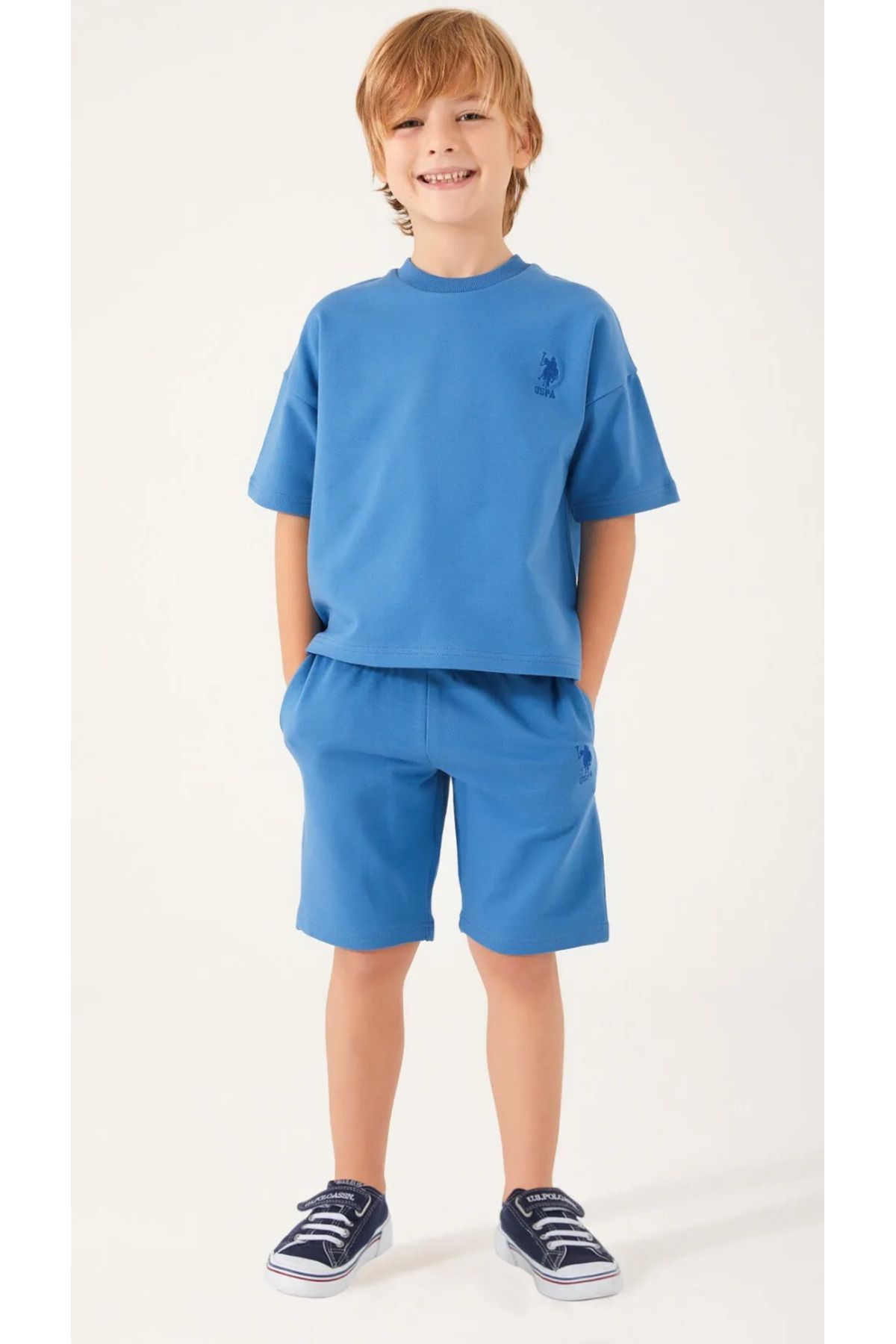 U.S. Polo Assn. Erkek Çocuk, USPA, Lisanslı, Petrol Mavisi, % 100 Pamuk T-shirt Bermuda Takım