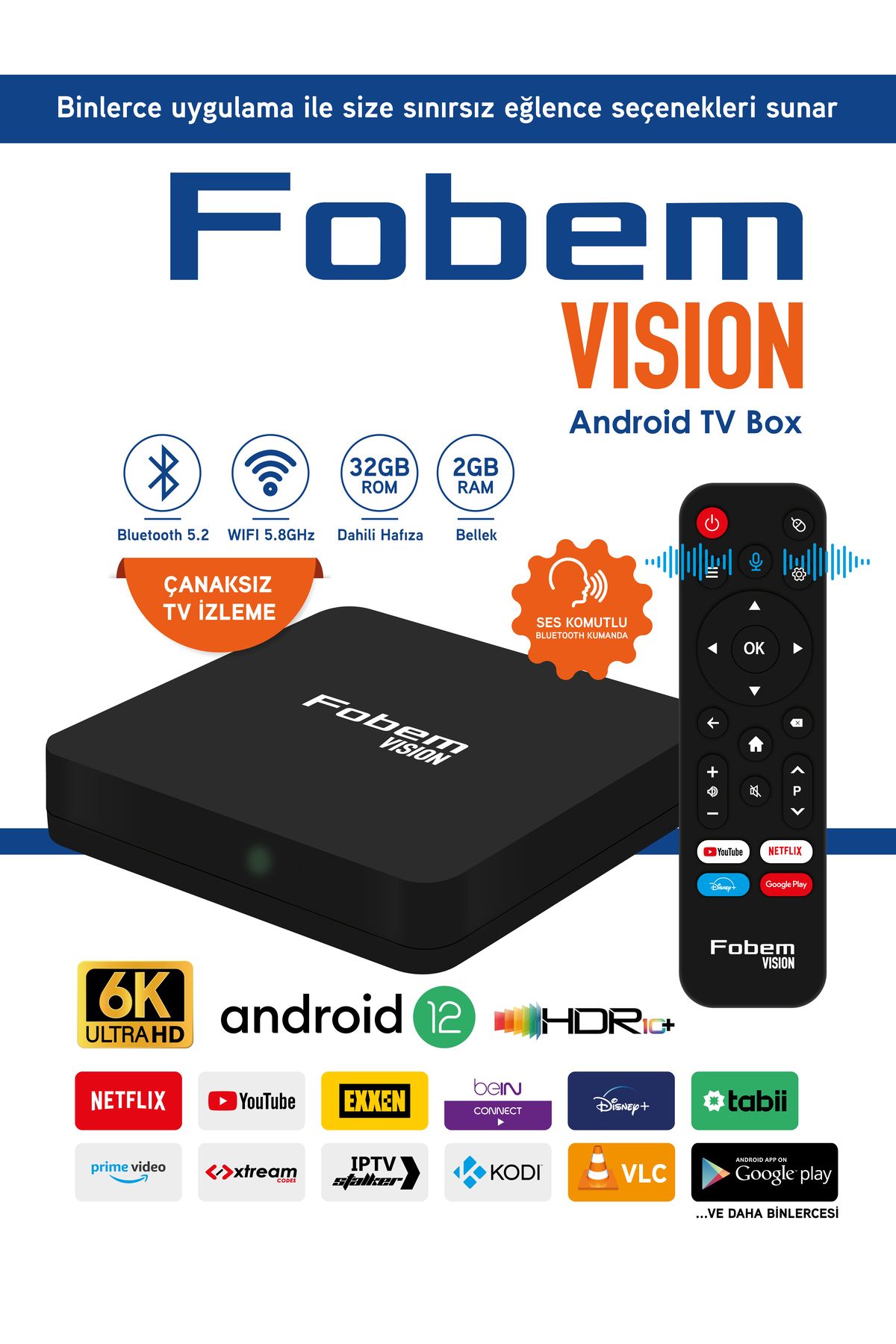 FOBEM Vision 6K Android TV Box Medya Oynatıcı - Sesli Komut Bluetooth Wi-Fi  2 GB Ram 32 GB Hafıza