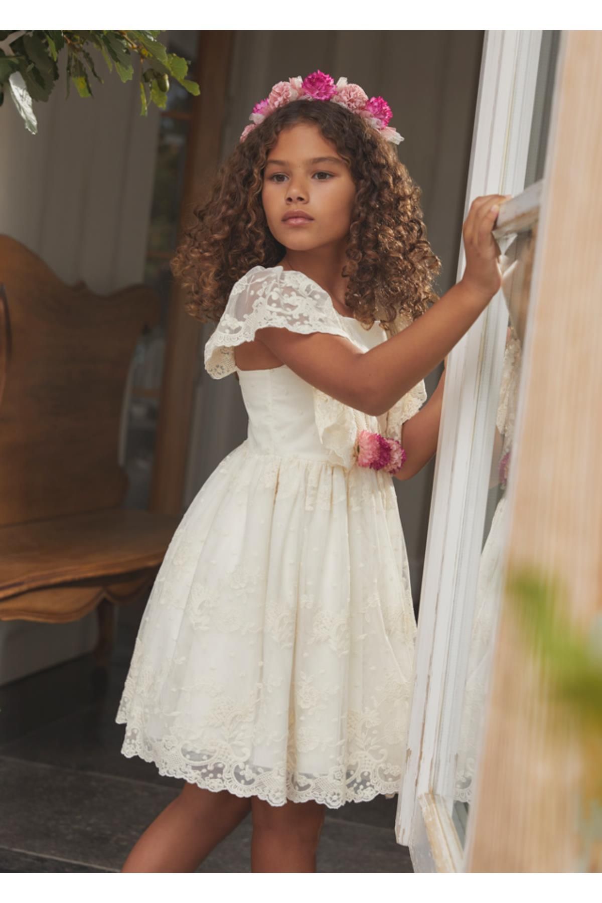 Mayoral Abel&Lula Kız Çocuk İşlemeli Çiçek Aksesuarlı Pamuklu Elbise