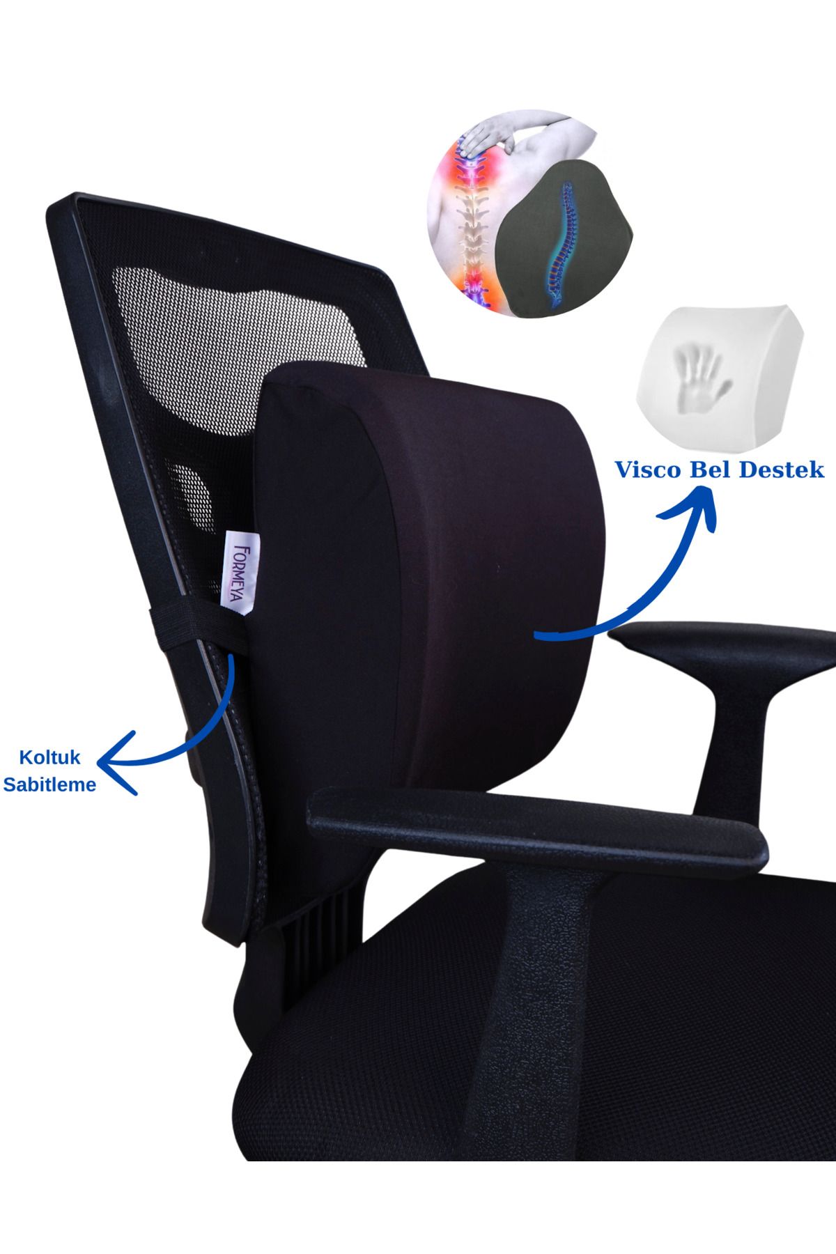 Formeya Ortopedik Visco Ofis Sandalye Oto Araç Koltuk Bel Destek Yastığı Sırt Minderi