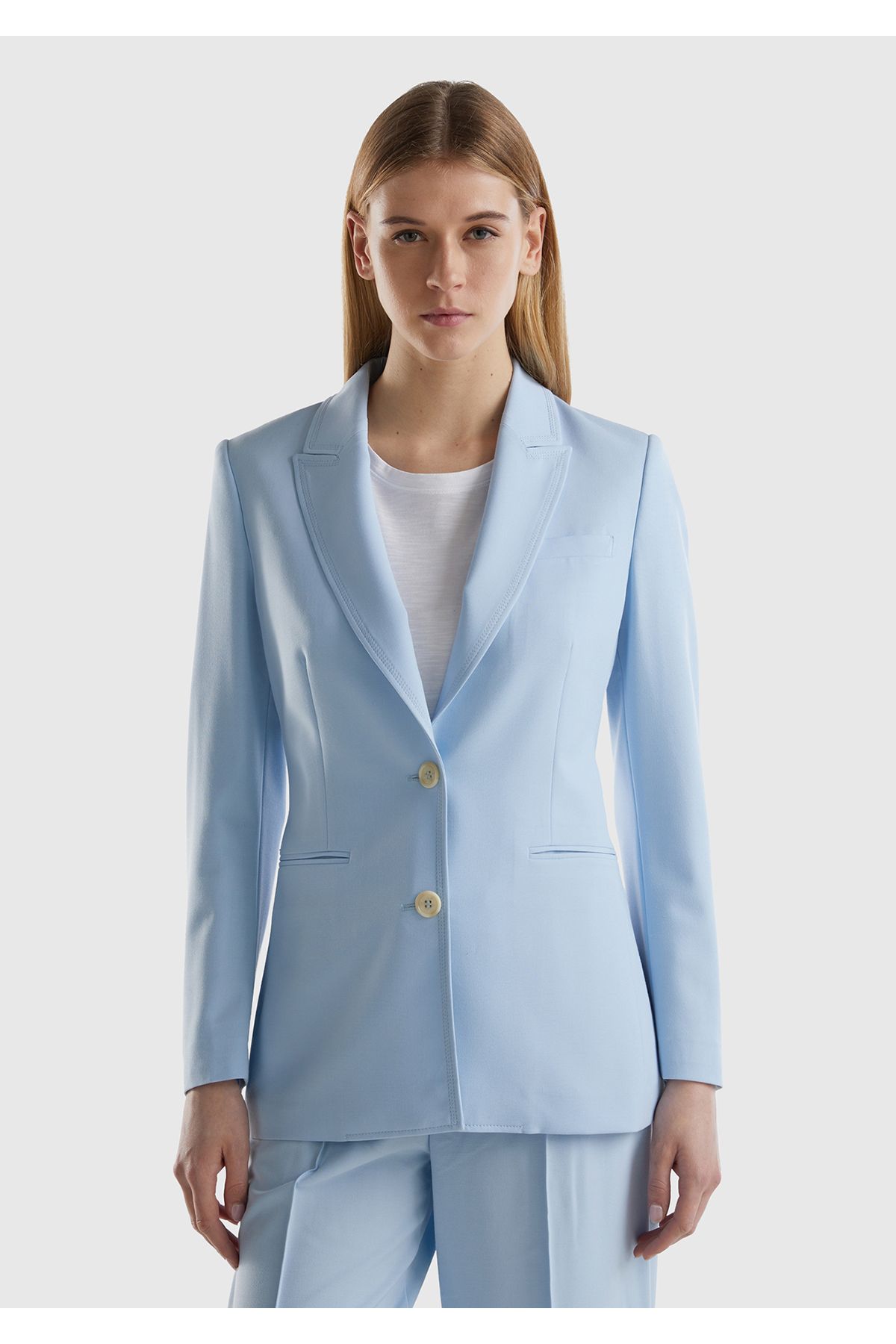 United Colors of Benetton Kadın Açık Mavi Maskulen Kesim Önü Düğmeli Yalancı Kruvaze Ceket