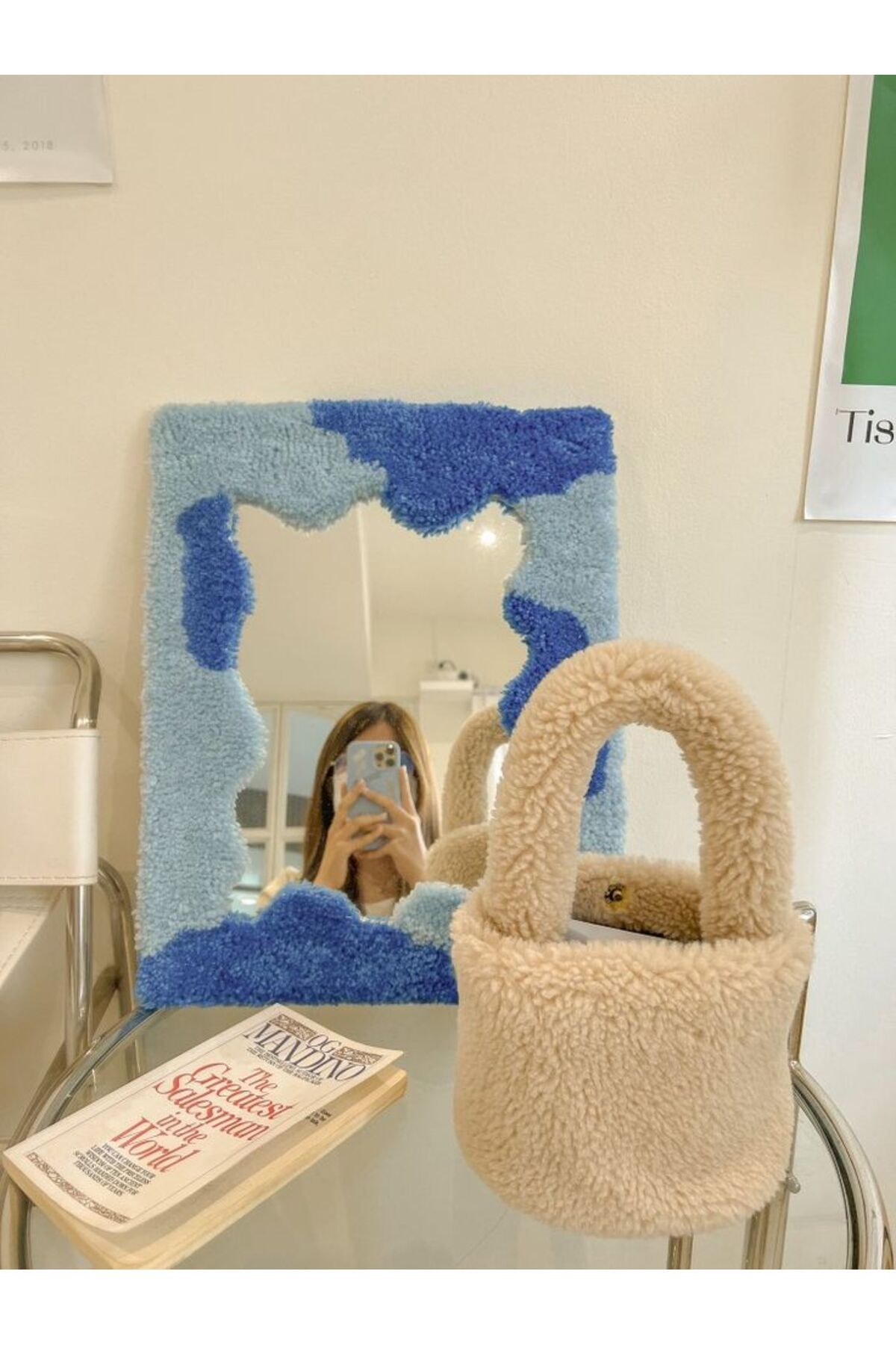 Sima Tufting Rug Ayna Dalgalı  Mavi Desenli El Yapımı Özel Tasarım Çok Amaçlı Makyaj Aynası