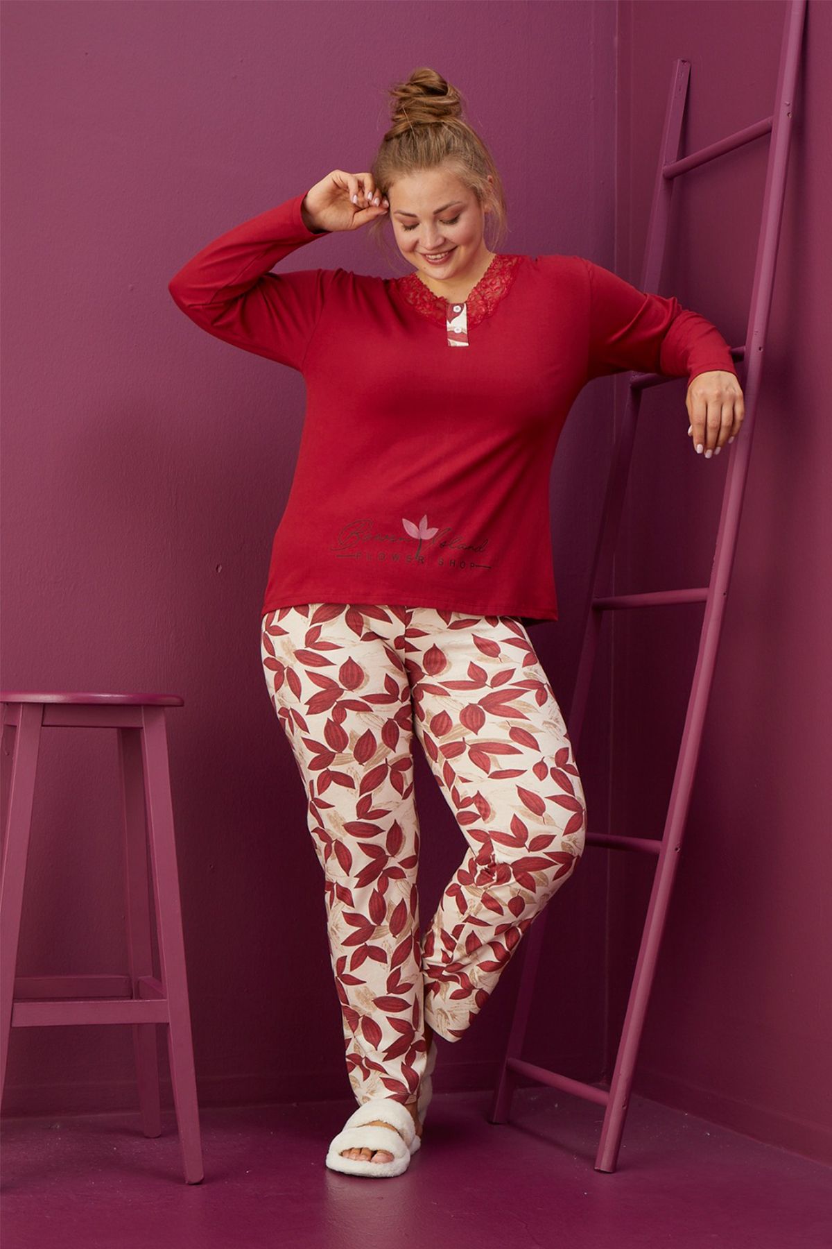 TAMPAP Kadın Büyük Beden Desenli Pijama Takımı Mevsimlik Takım Waynap 8000B