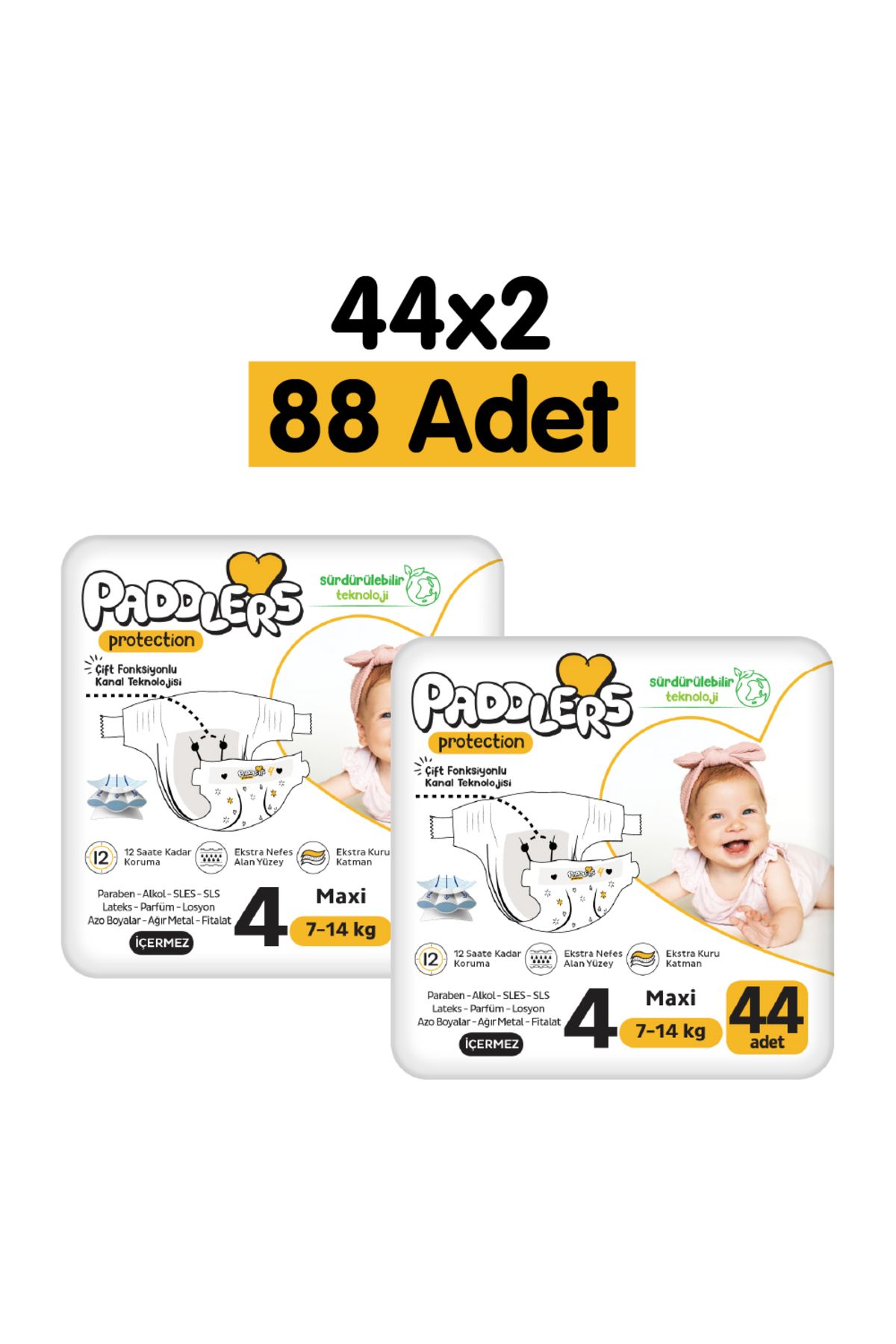 Paddlers Protection Bebek Bezi 4 Numara Maxi 88 Adet (7-14 Kg) 2'li Jumbo Set