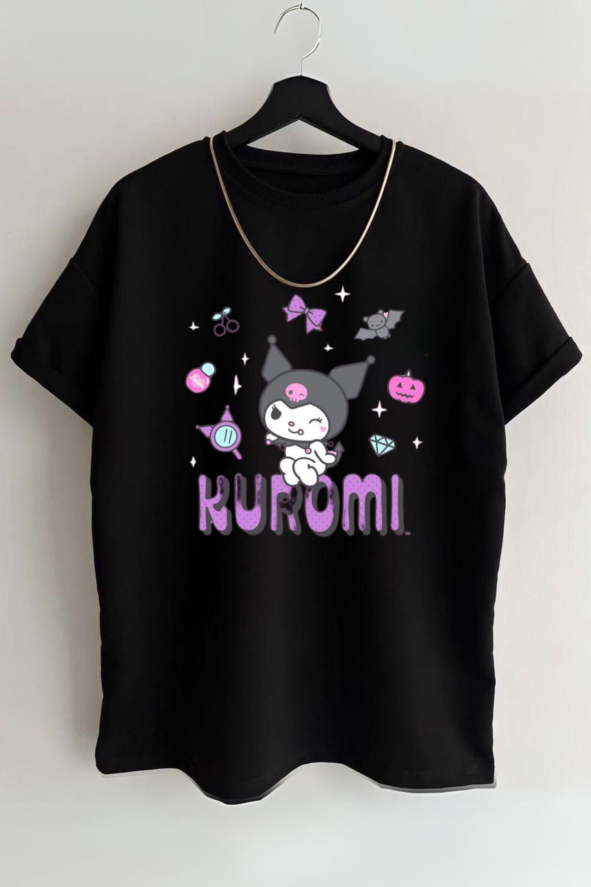 AMMA Unisex Kuromi Friend Karakter Baskılı Baskılı Kısa Kol %100 Pamuk T-shirt