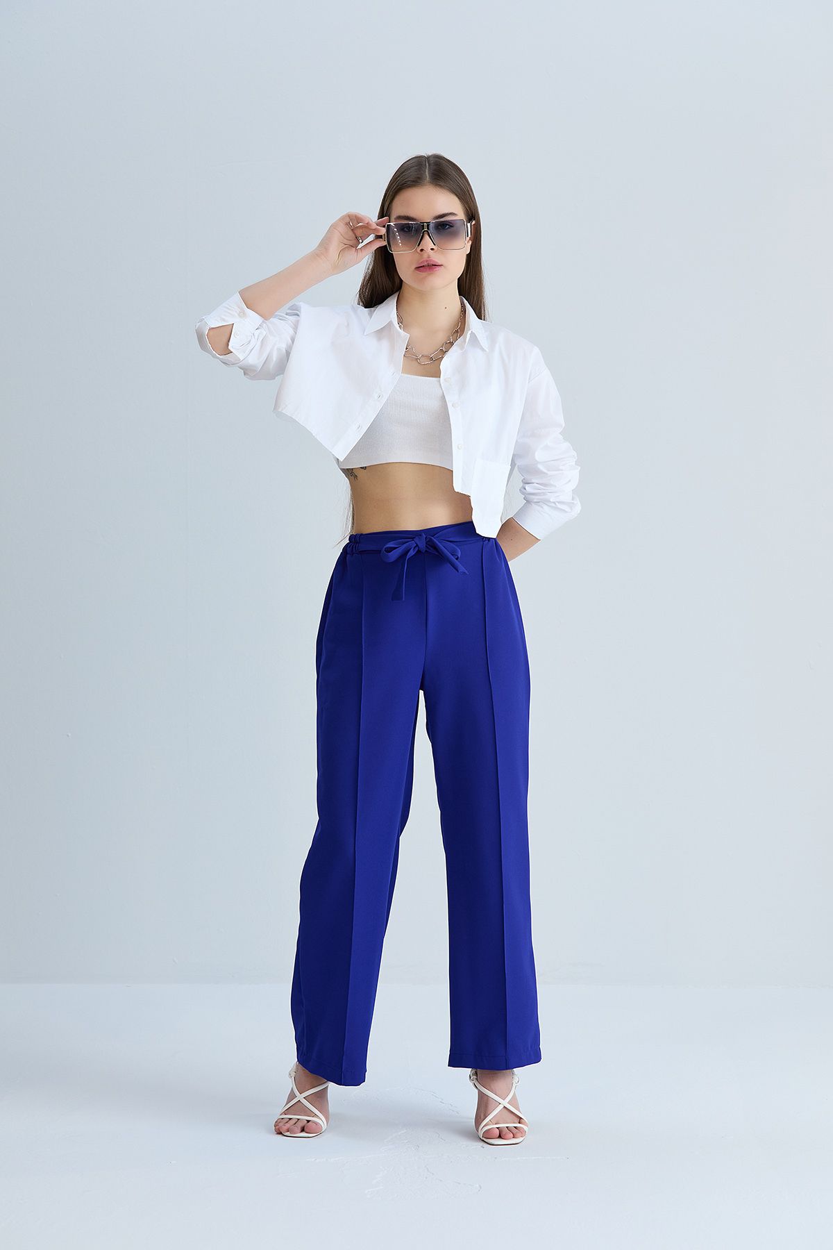 Space Fashion Kadın Saks Mavi Önü Bağcıklı Beli Lastikli Kumaş Pantolon