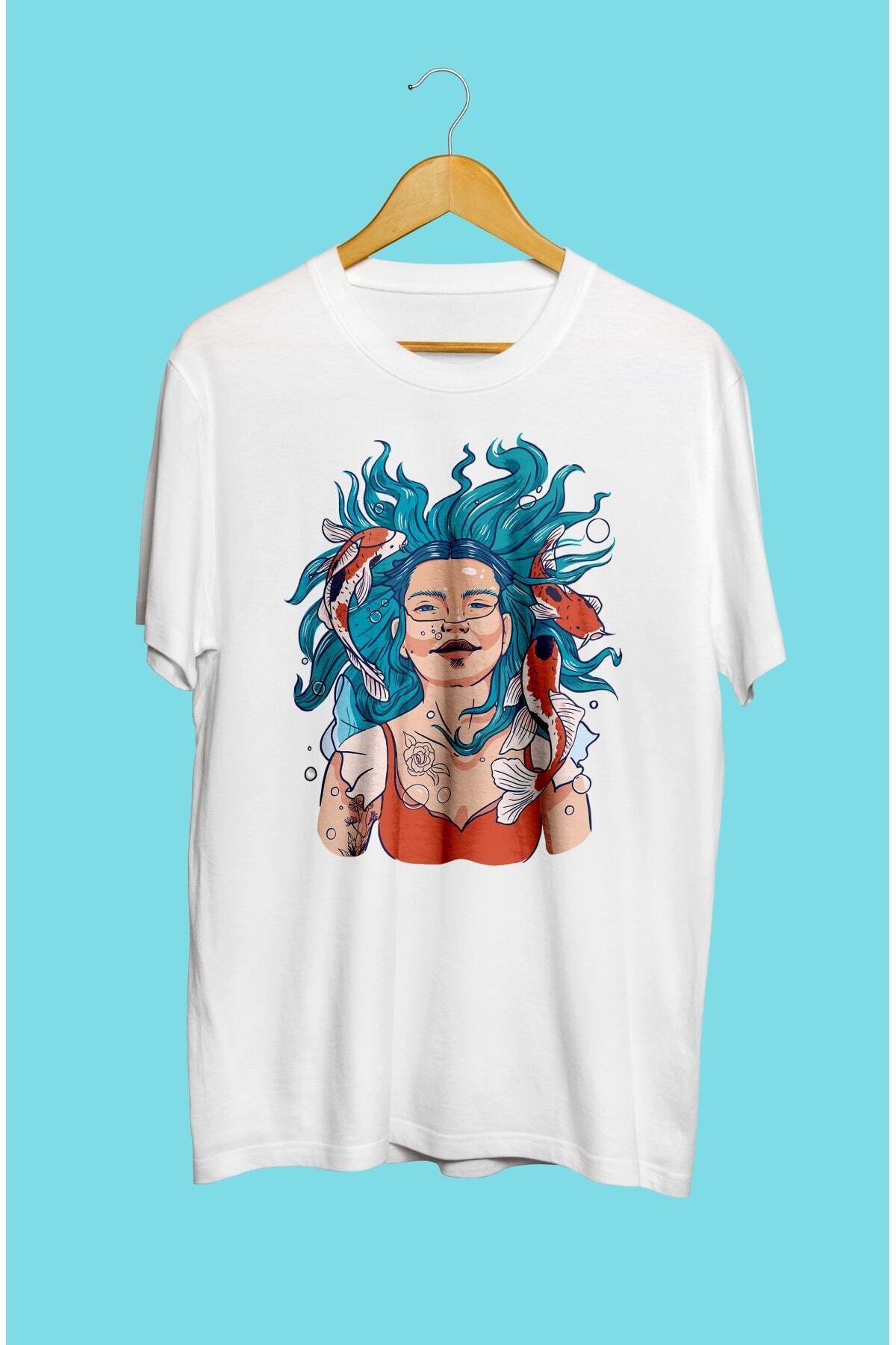 ZOKAWEAR Bol Kalıp Deniz Kızı Balık Kadın Tasarım Baskılı Tişört