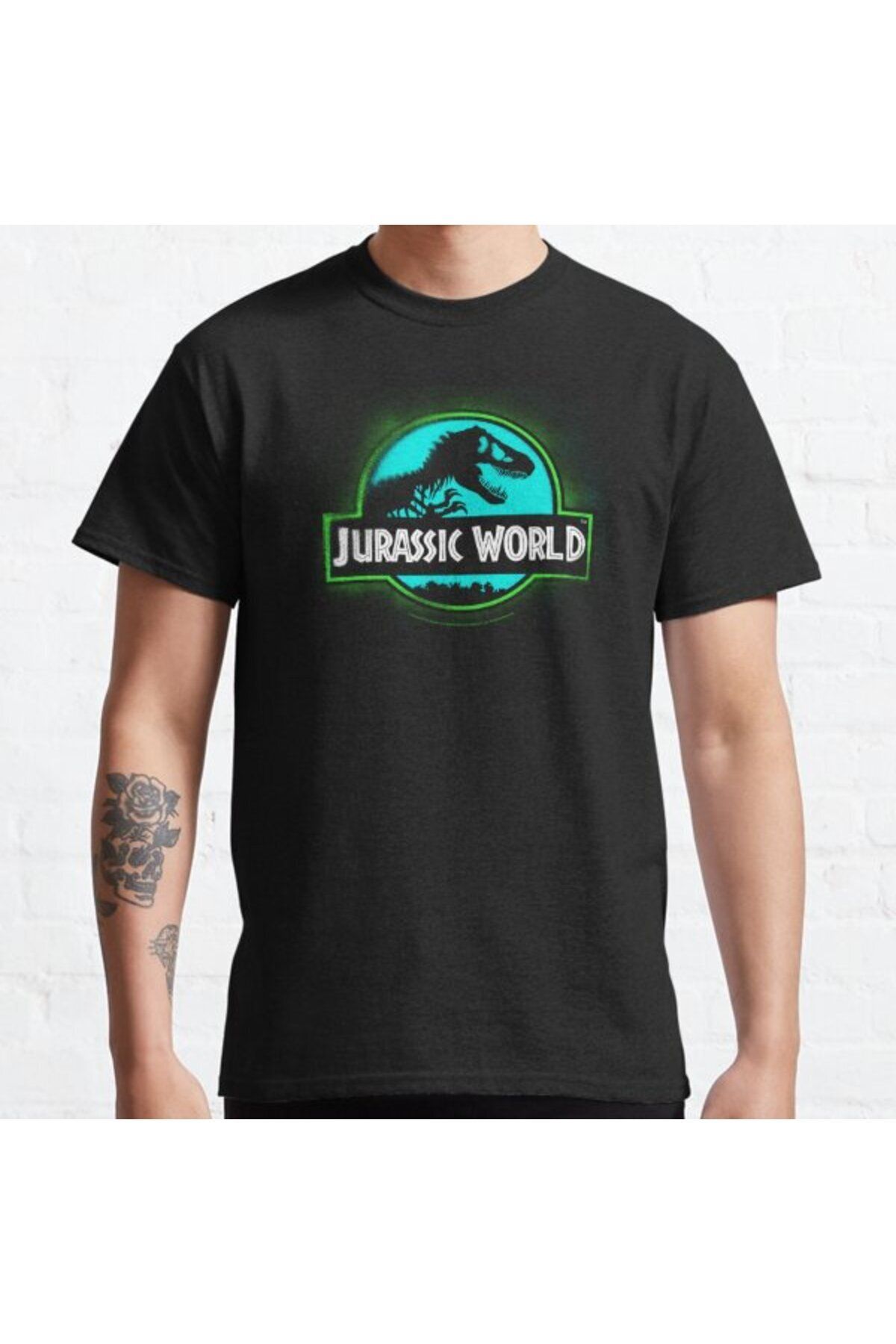 ZOKAWEAR Bol Kalıp Unisex Jurassic World: Fallen Kingdom Neon Spray Paint Logo Tasarım Baskılı Tshirt