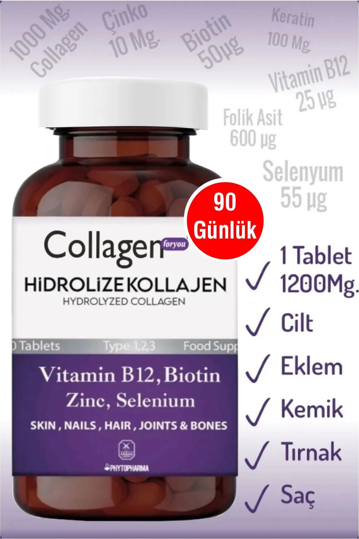Collagen For You Hidrolize Kolajen Tip1,tip2,tip3, Keratin-çinko-folik Asit-selenium-biotin-vitamin B12 1200mg 90tb.
