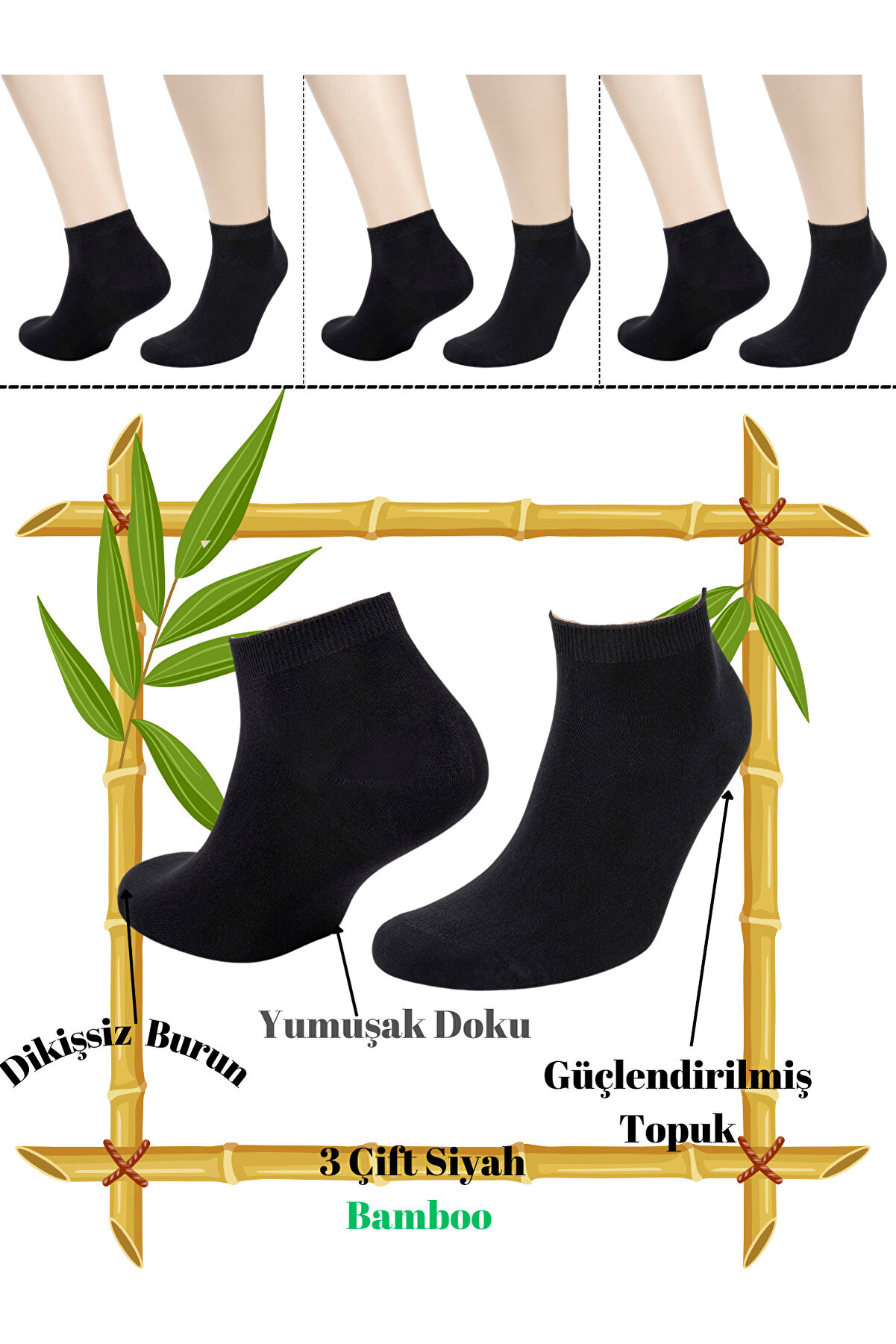 Ek İp Mevsimlik Bambu Dikişsiz Siyah Patik Çorap 3'lü