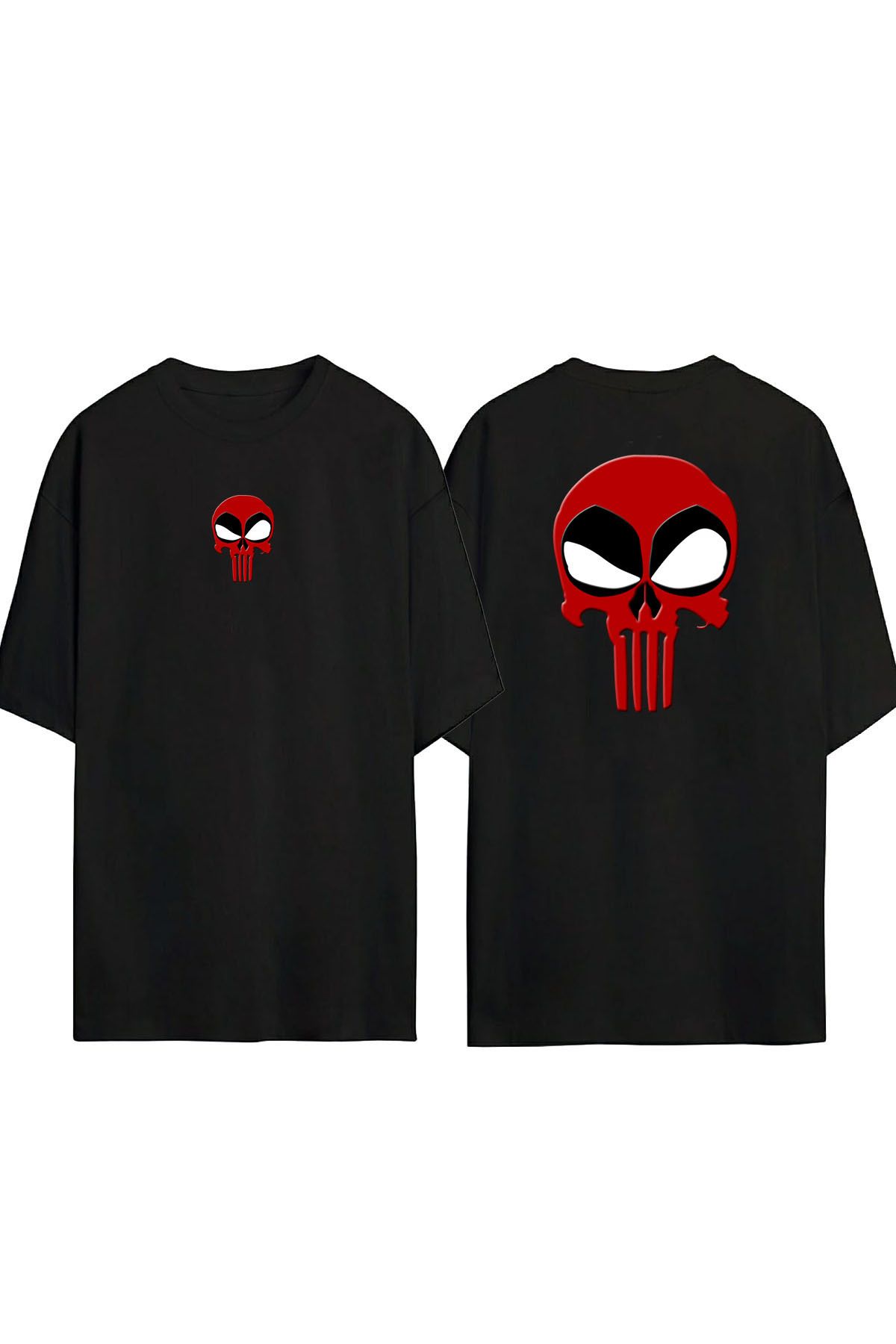 THEWERT Unisex Deadpool X Punisher İllüstrasyon Ön Arka Baskılı Sıyah Oversize T-shirt