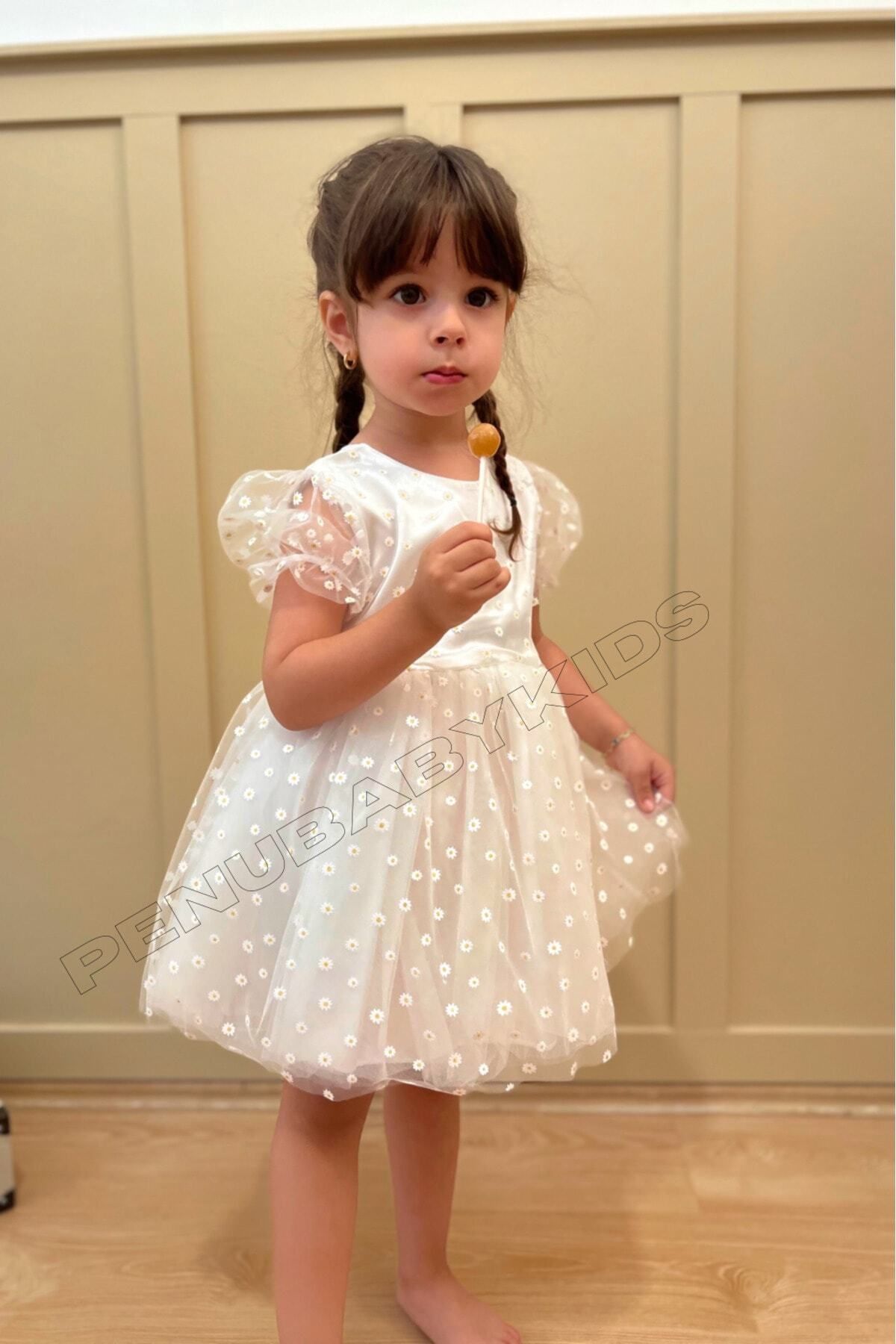 penu baby kids Beyaz Çiçek Desenli Kısa Kol Kız Bebek Elbise - Flower