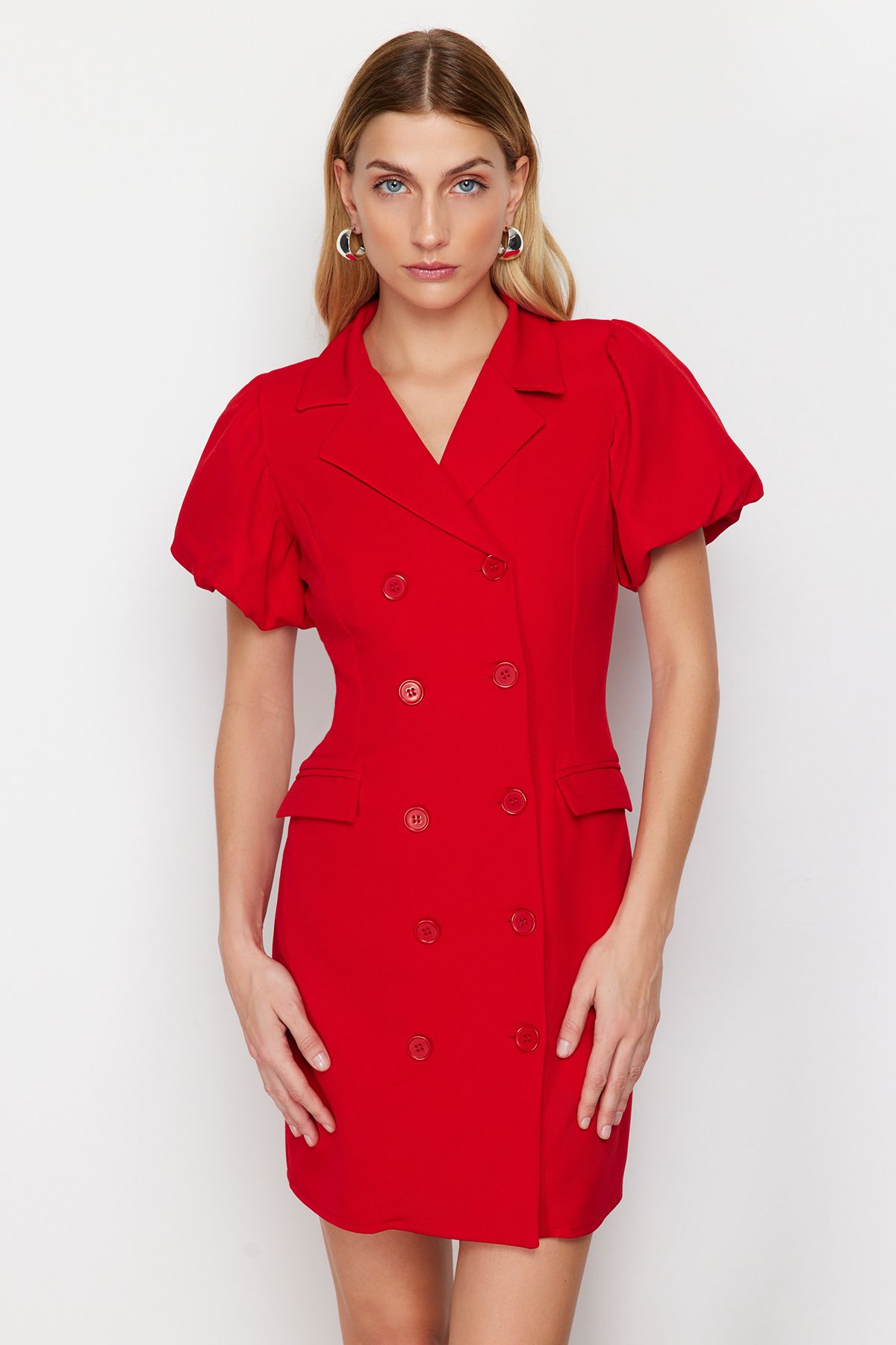 TRENDYOLMİLLA Kırmızı Balon Kol Detaylı Ceket Form Mini Dokuma Elbise TWOSS24EL00641
