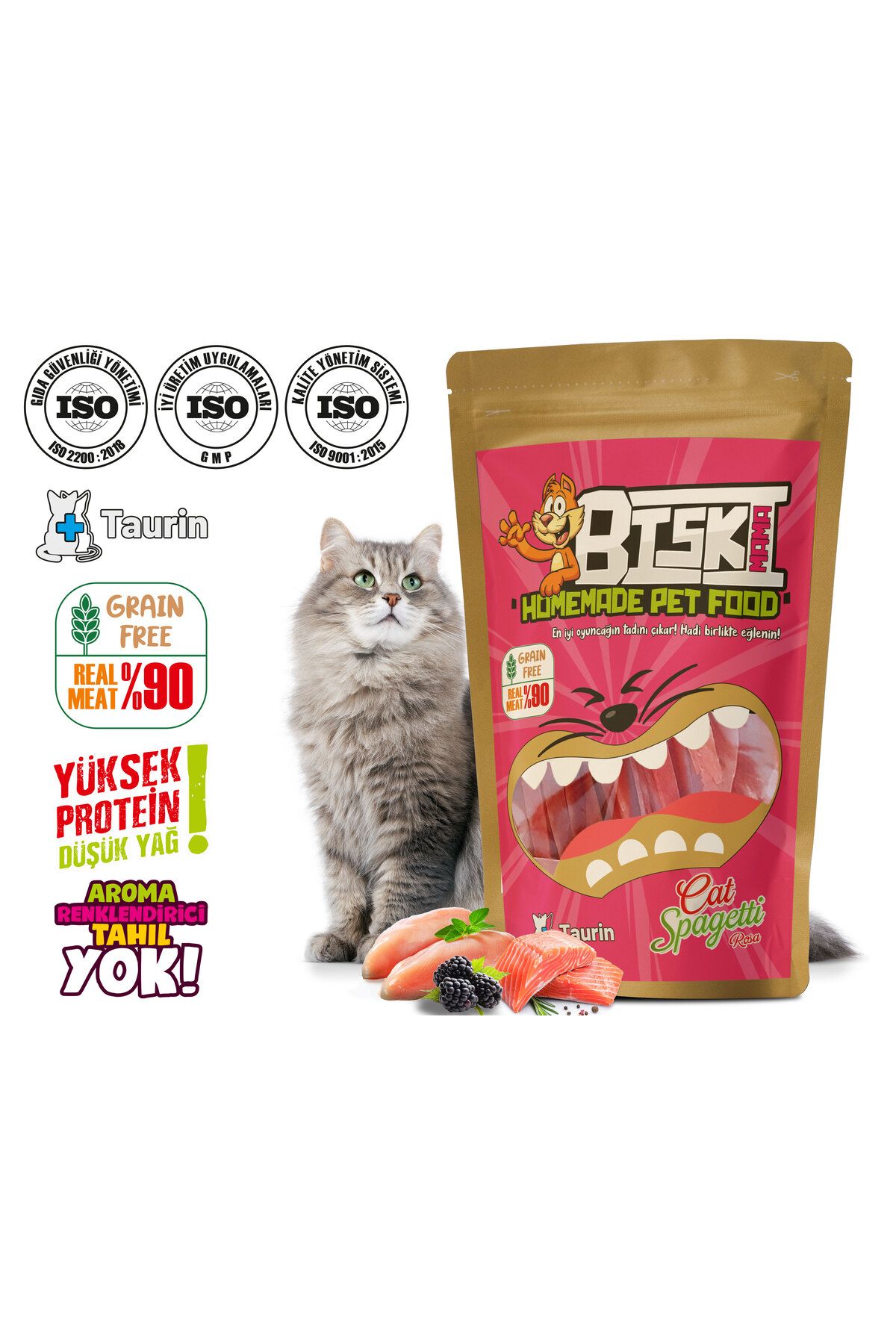 Biskimama Homemade Pet Food Biskimama Gerçek Tavuk Ve Balık (SOMON) Etli - Kedi Makarna Oyuncağı Rosa Böğürtlenli+Taurinli