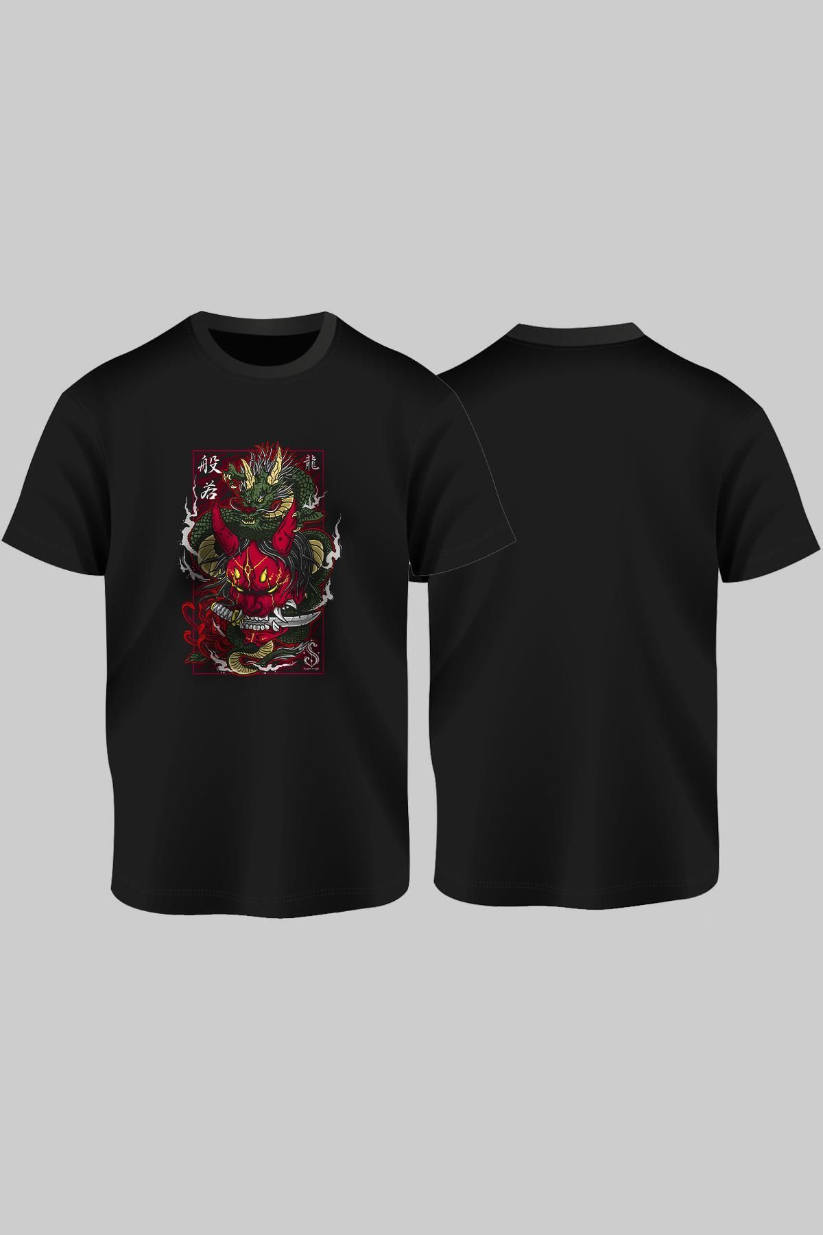TSHIRT35 Dragon Samuray Baskılı Siyah Unisex Tişört