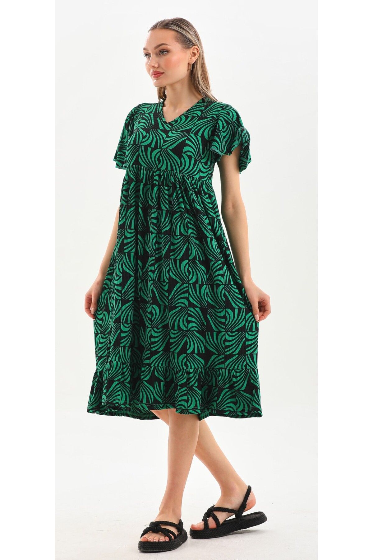 DEVRİMAY TEKSTİL Kadın Elbise Yazlık Desenli Yeşil Siyah Kelebek Kol