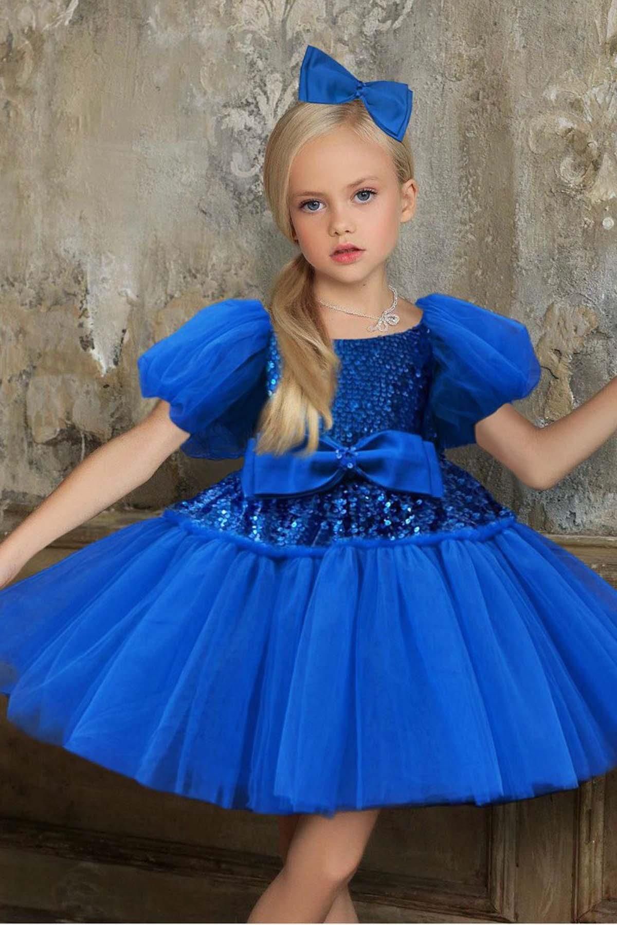 Riccotarz Kız Çocuk Balon Kollu Pulpayet Detaylı Eteği Kabarık Saks Mavisi Abiye