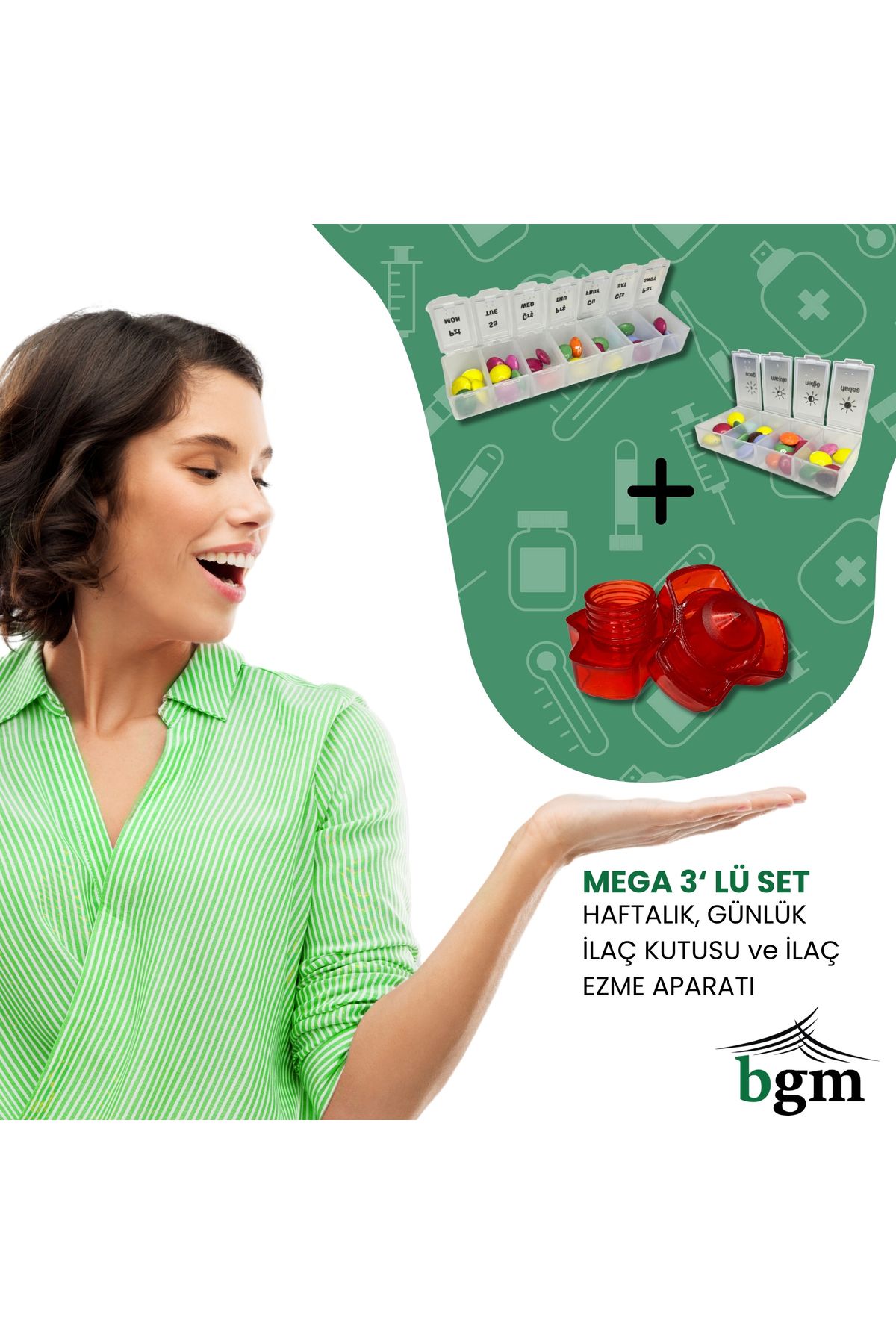 BGM Ilaç Kutusu Günlük, Haftalık Ve Ilaç Ezme Aparatı Seti Ilaç Organizer Seti