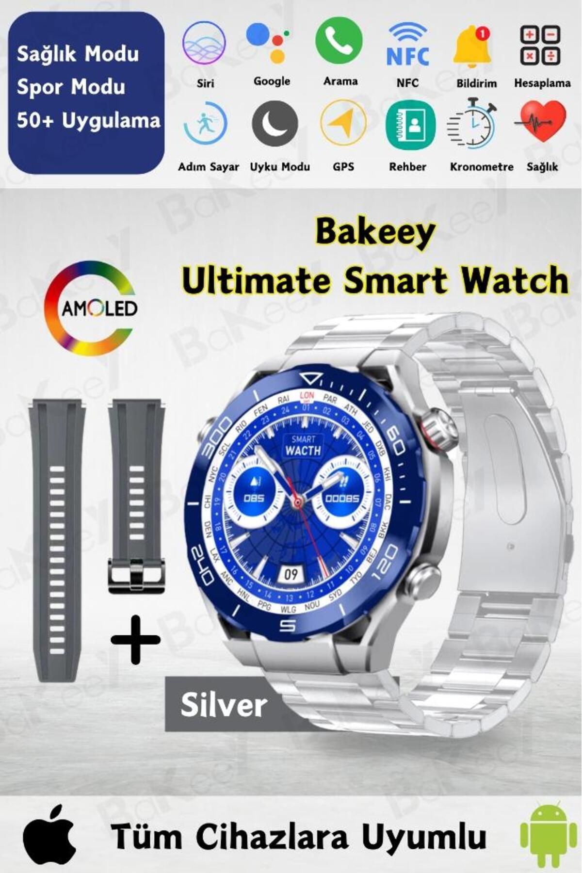 Bakeey Ultimate Smart Watch Akıllı Saat Amoled Ekran İki Kordon Android Iphone Uyumlu Akıllı Saat Watch 9 8