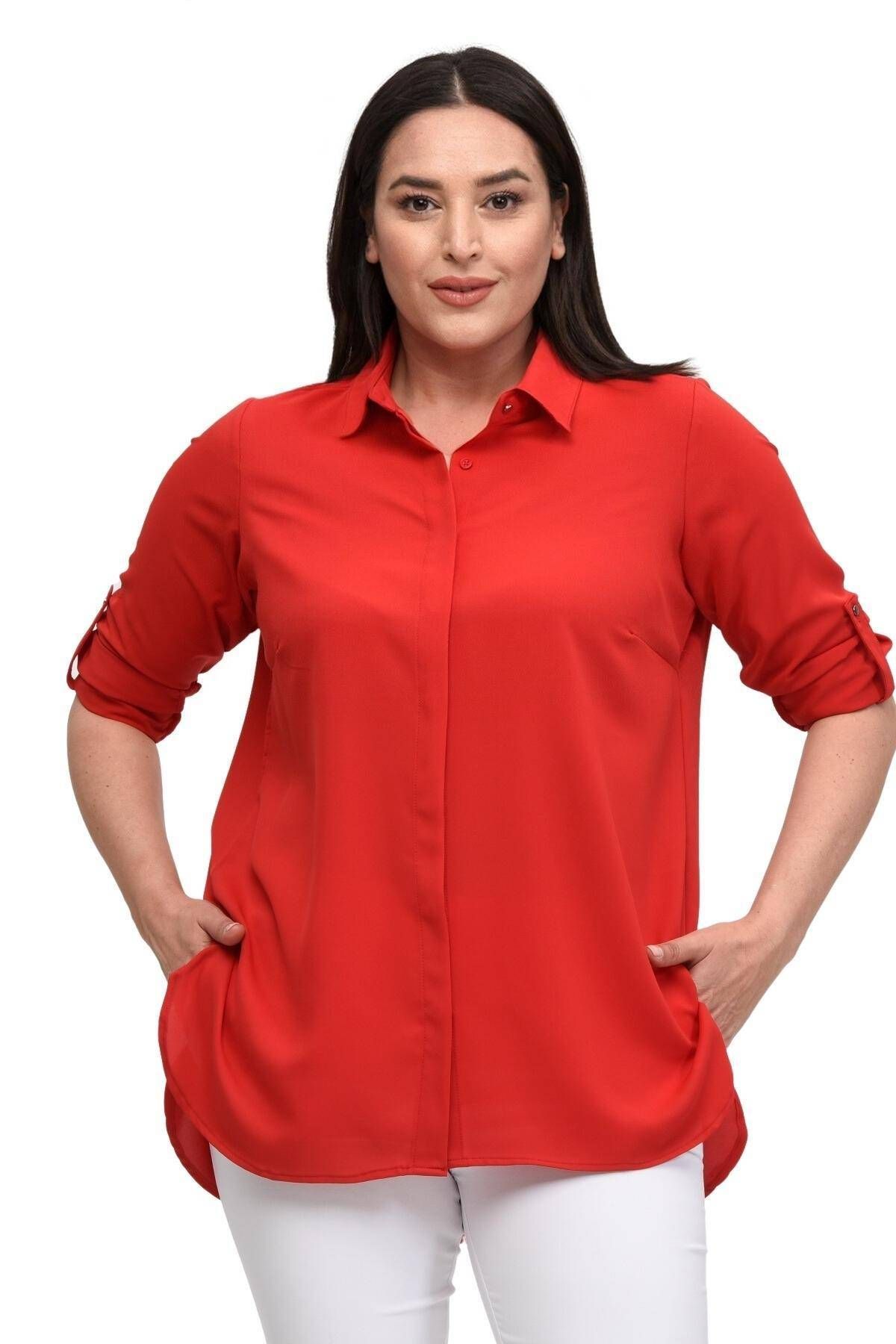 Hanezza Yılbaşı Rengiyle Taçlanın: Büyük Beden Kadınlar I?çin Kırmızı Gömlek