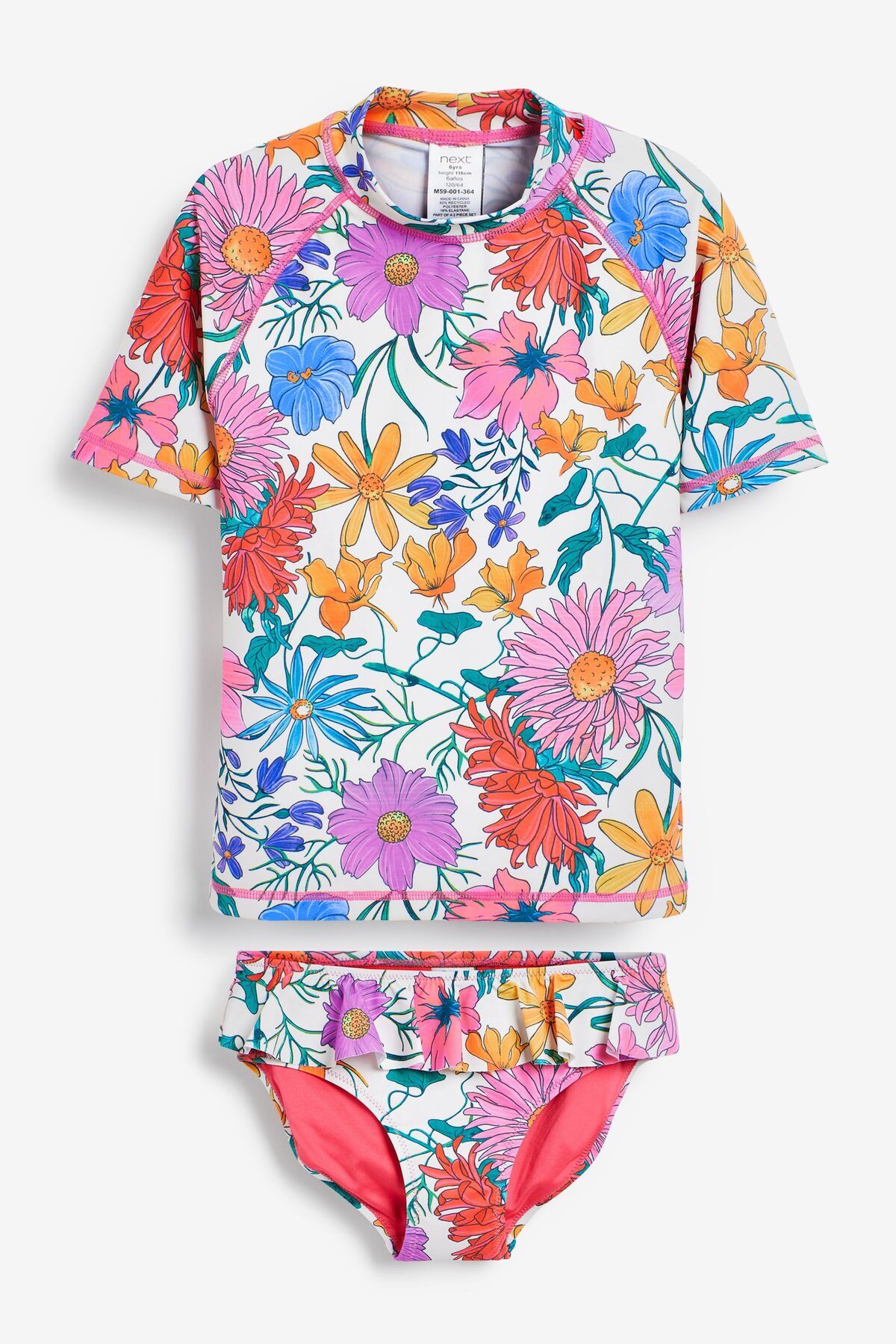 Next Baby Kız Çocuk +50 UPF Güneş Korumalı Çiçek Desenli Fırfır Detaylı T-shirt ve Mayo Seti