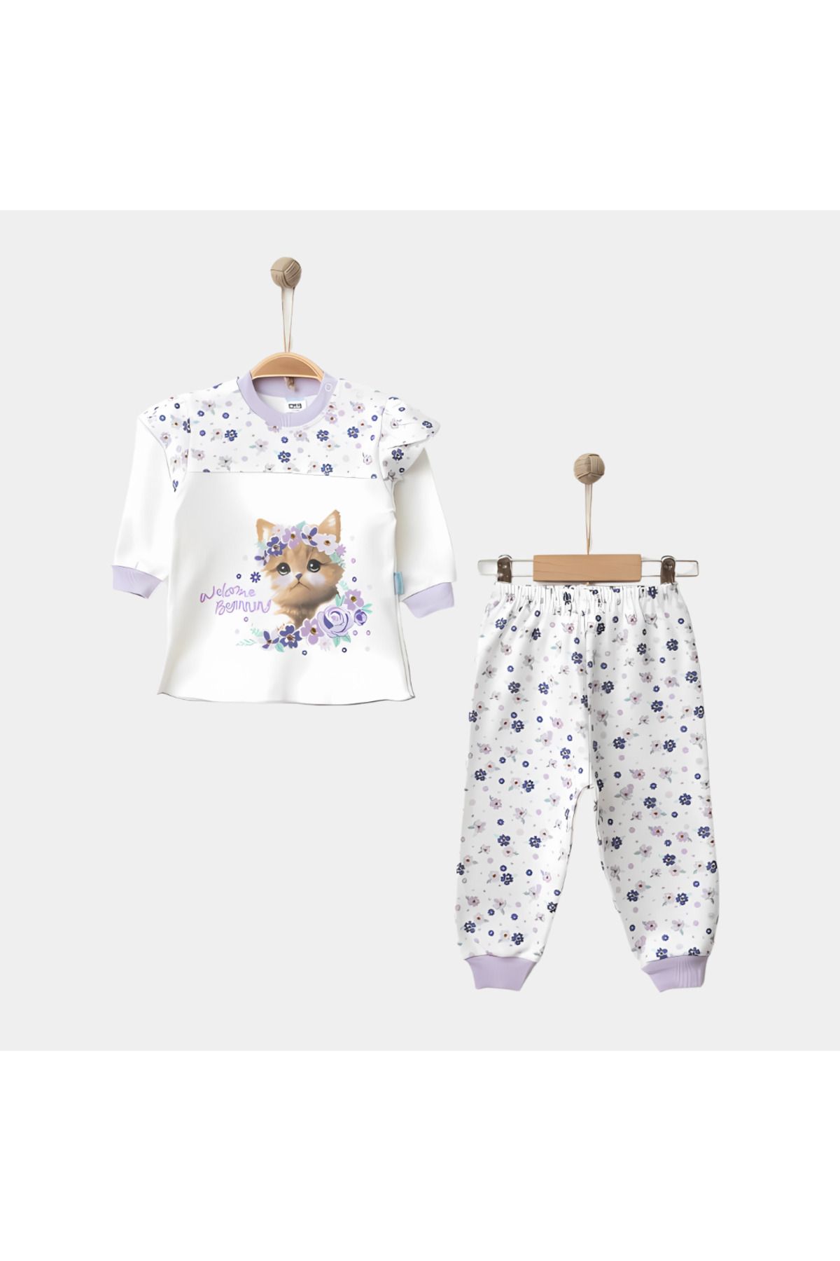 Rise Raba Kız Bebek Takım Pamuklu Kedi Baskılı Çiçekli 2'li Pijama Takımı 9-18 Aylık