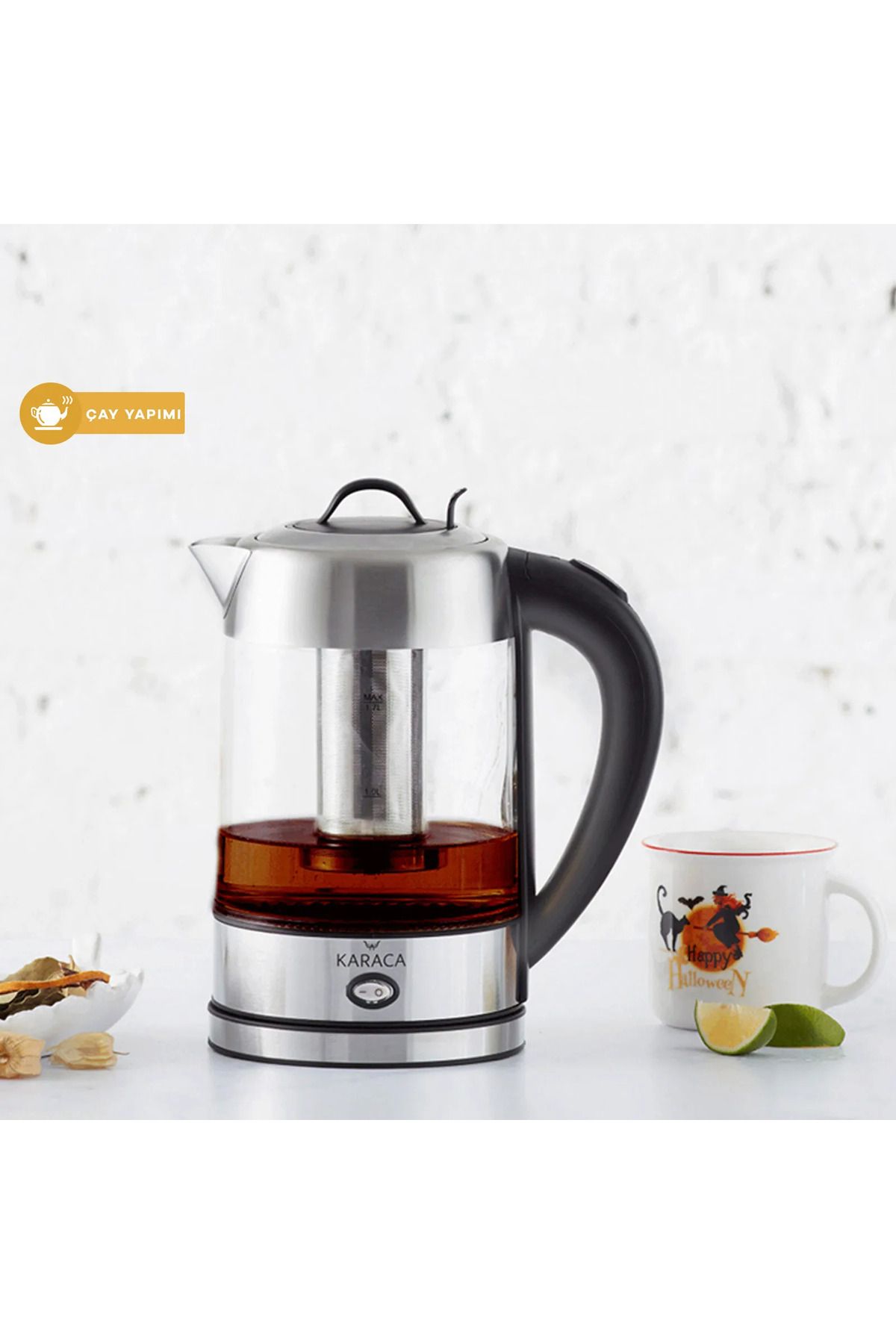 Karaca 3 in 1 Led Işıklı Cam Bitki Çayı, Siyah Çay Makinesi ve Su Isıtıcı İnox Geniş Hacim Paslanmaz Çelik