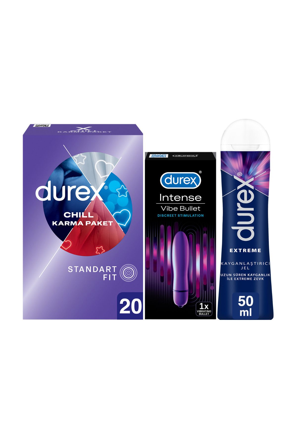 Durex Chill Prezervatif 20’li+ Durex Intense Vibe Bullet Titreşimli Vibratör +Durex Extreme Jel 50Ml