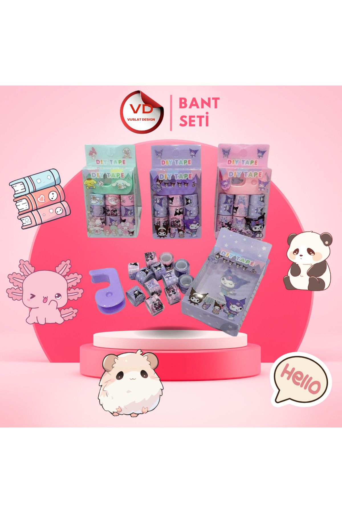 Vuslat Design Sanrio Kuromi My Melody Cinnamoroll Sticker Bant Seti 12 Rulo ve Bant Kesici 1 Paket
