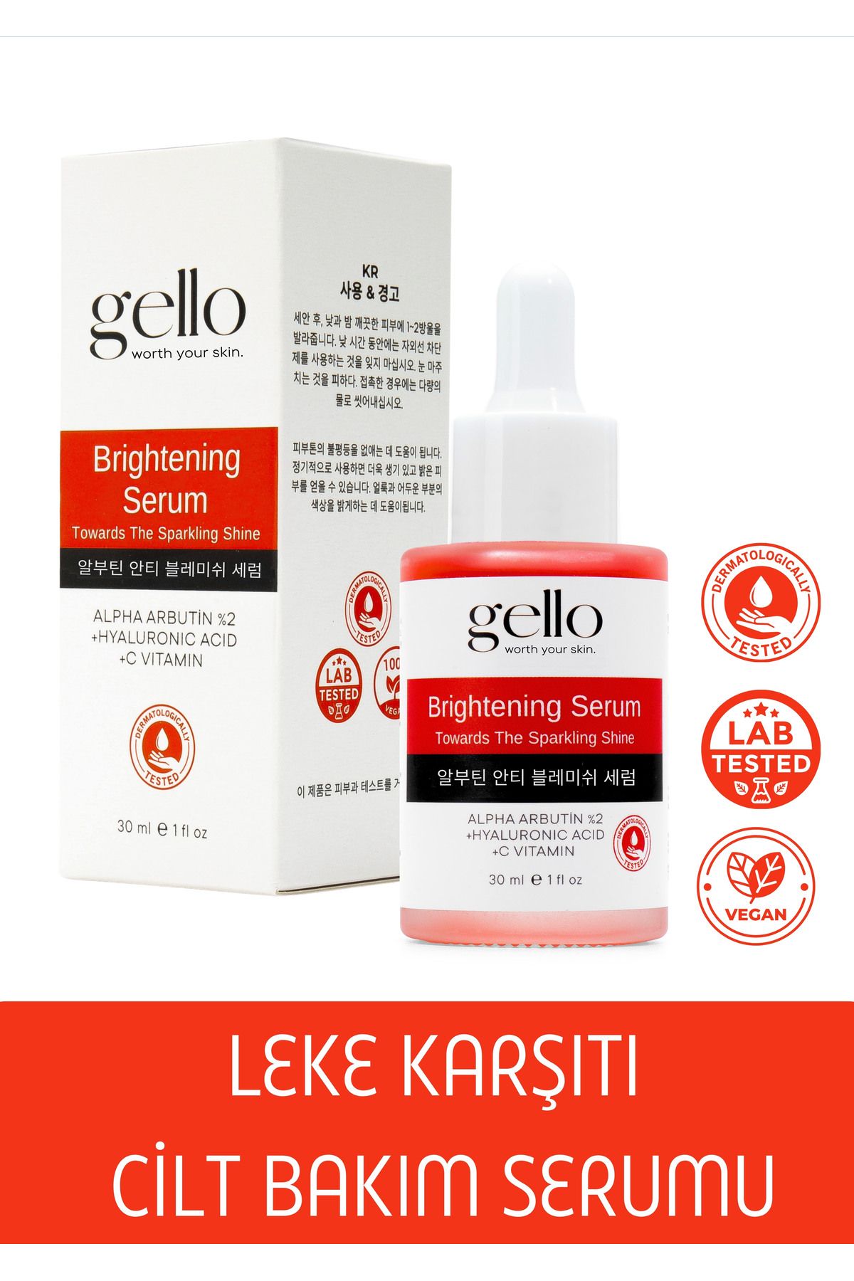 GELLO Leke Karşıtı Arbutin Cilt Bakım Serumu (Alpha arbutin %2 +Hyaluronic acid +C vitamin)