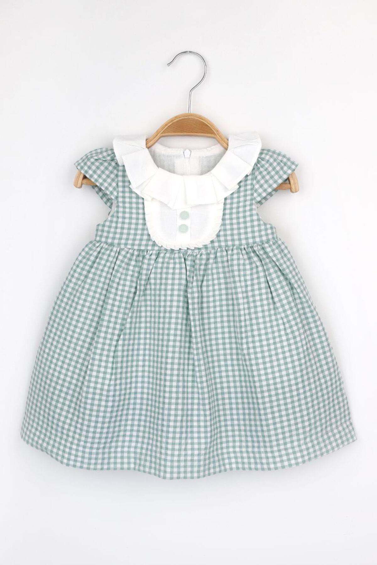 Le Mabelle Yeşil  Pötikare Desenli Kız Bebek Elbise - Lanai