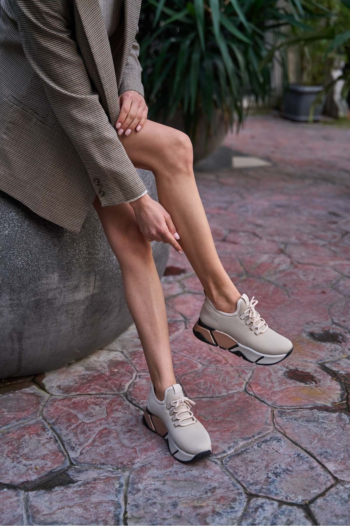 Madamra Bej-rose Kadın Bağcık Detaylı Fileli Sneaker Ve Günlük Spor Ayakkabı