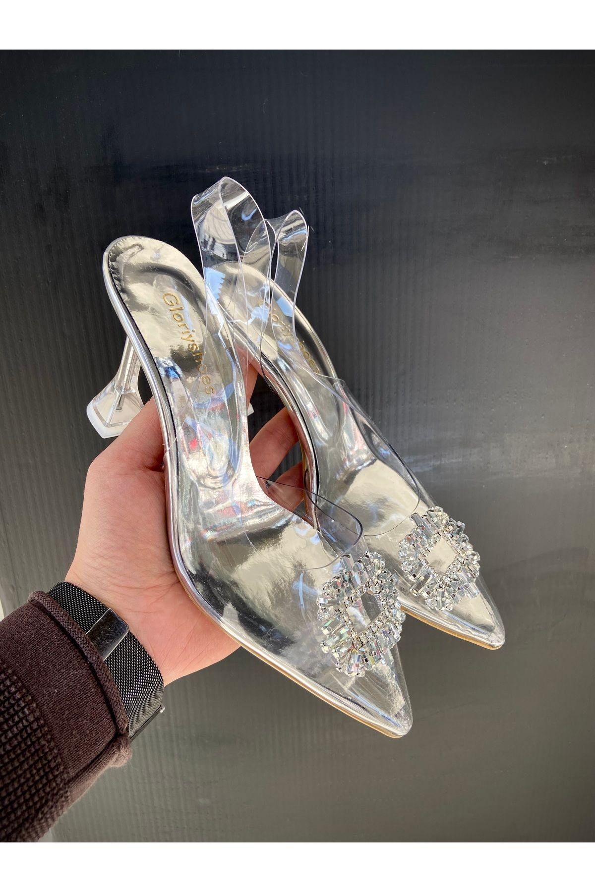 Gloriys Ayakkabı & Çanta Şeffaf taşlı 9 cm topuklu ayakkabı 01030