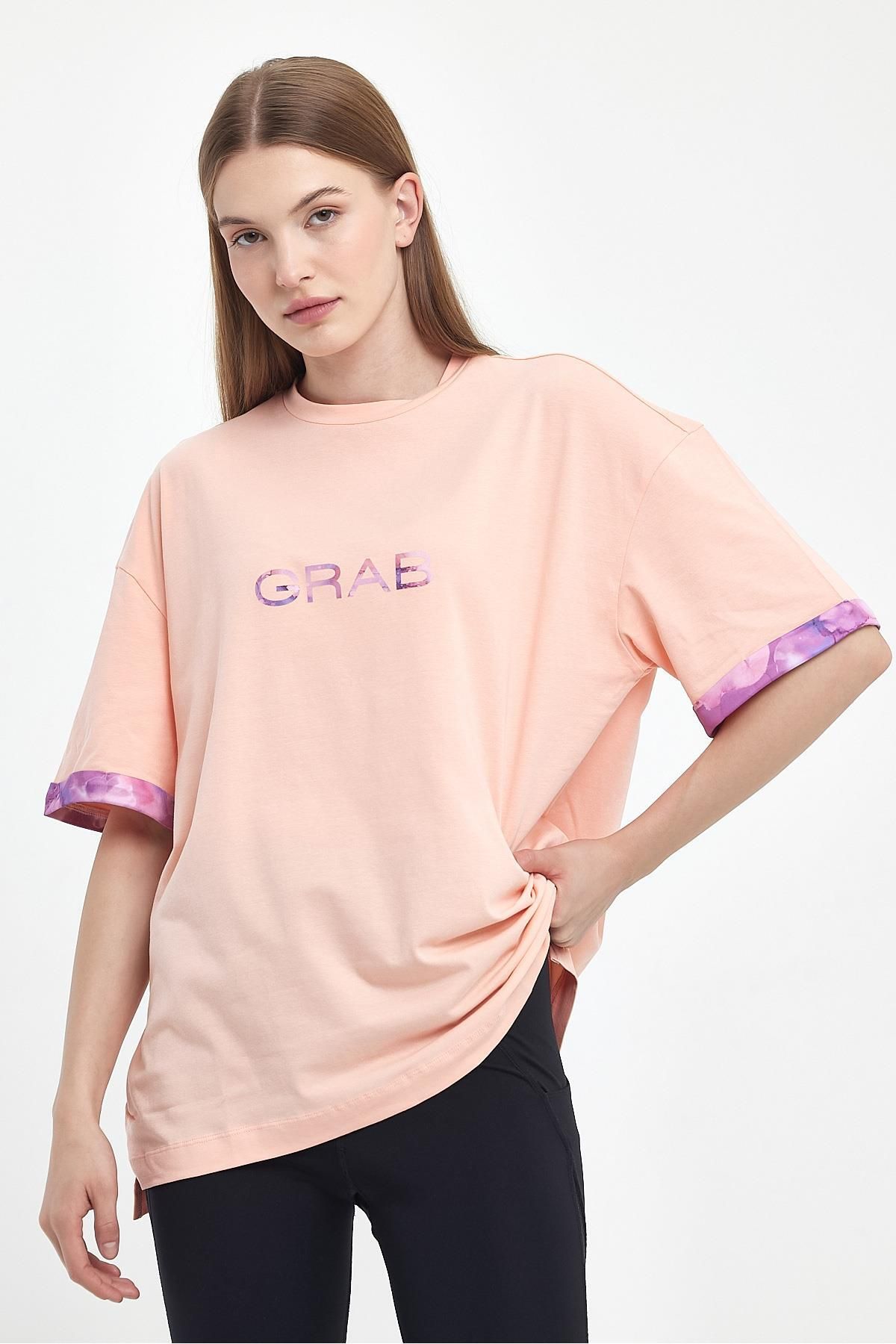 GRAB Kadın Grab Baskılı Somon Rengi Oversize T-shirts