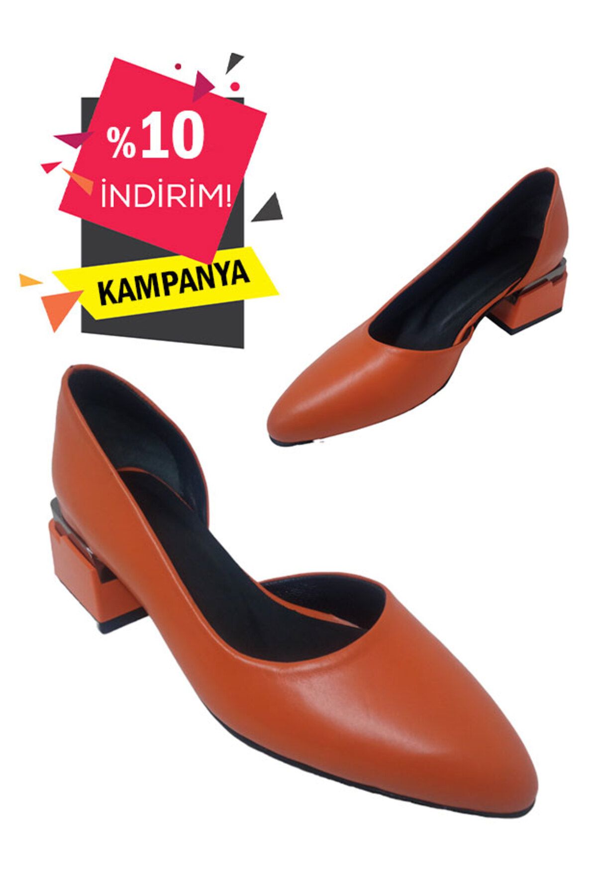 ShoesPA Turuncu Renk Salyangoz Napa Deri Çivi Burun Kadın Ayakkabı